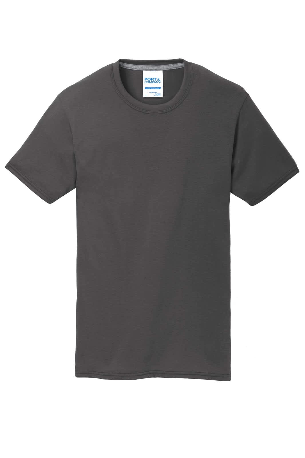 A grey Port & Company Performance Blend Tee with a crew neck and short sleeves, featuring a logo on the label.