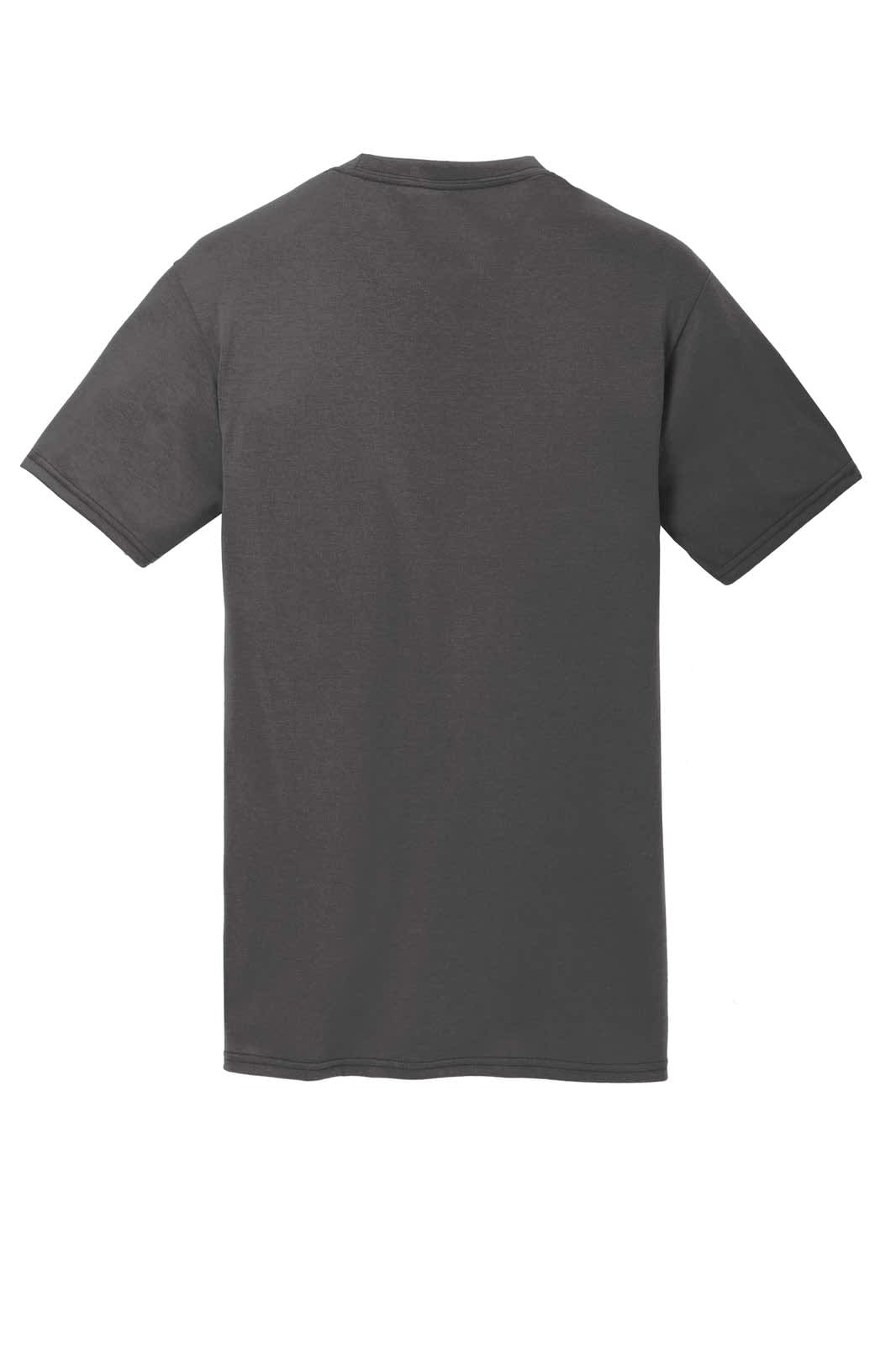 A grey performance blend t-shirt with short sleeves and a plain back. It features a logo on the front.
