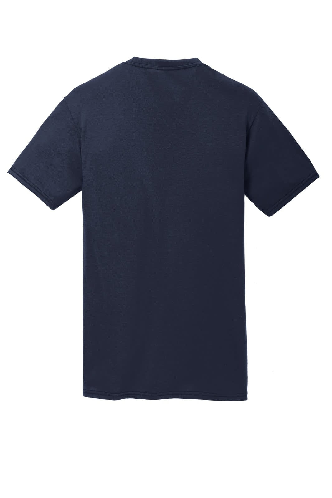 A navy blue performance blend T-shirt featuring short sleeves and a simple design, with a logo on the back.