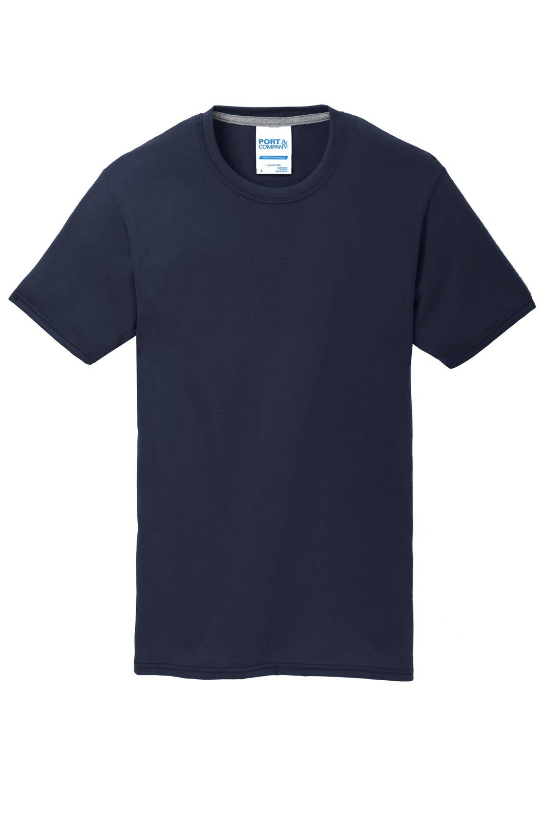 A navy Port & Company Performance Blend Tee, featuring a rounded neck and short sleeves. It has a logo on the label.