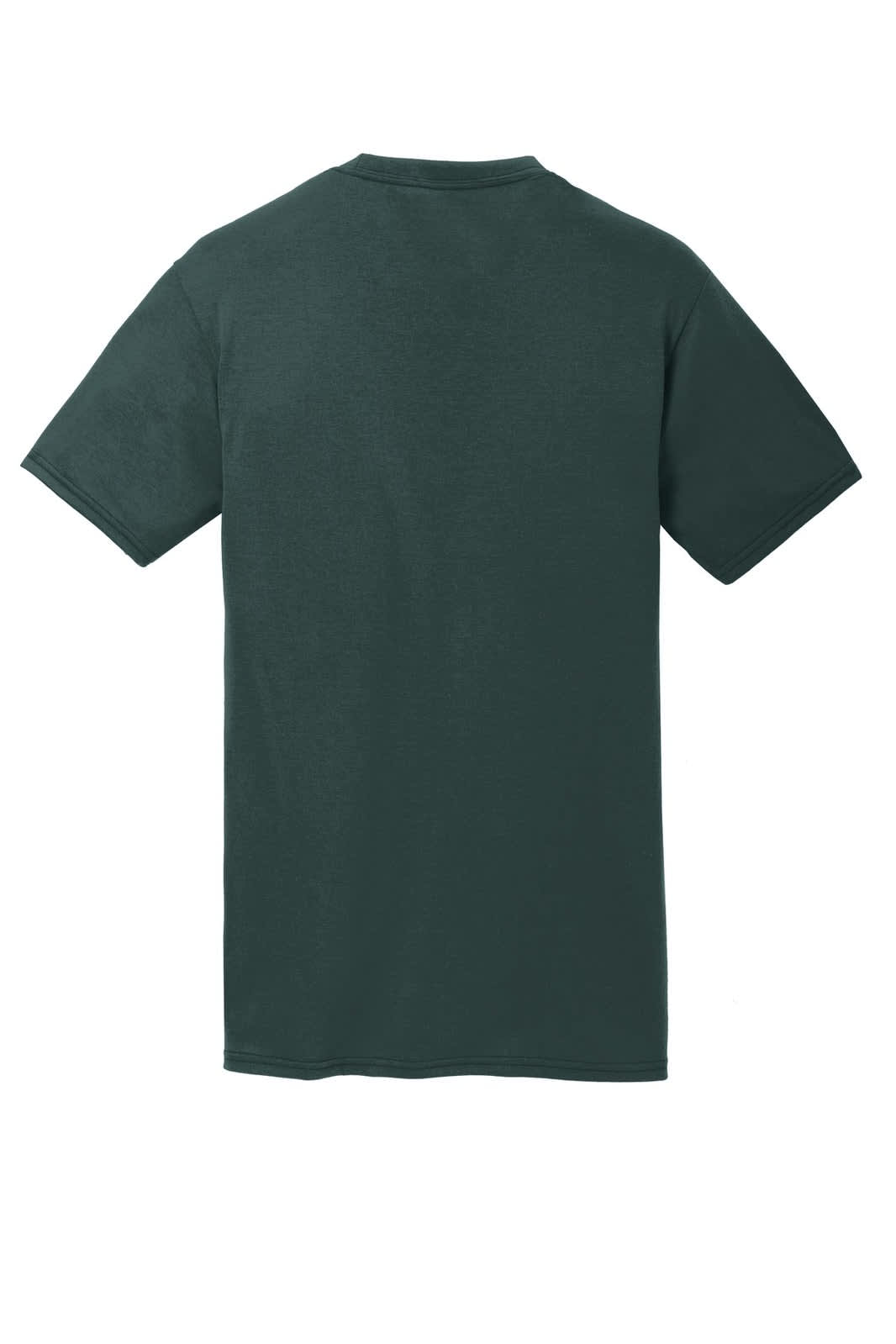 A green performance blend t-shirt with short sleeves and a plain back, featuring a logo.