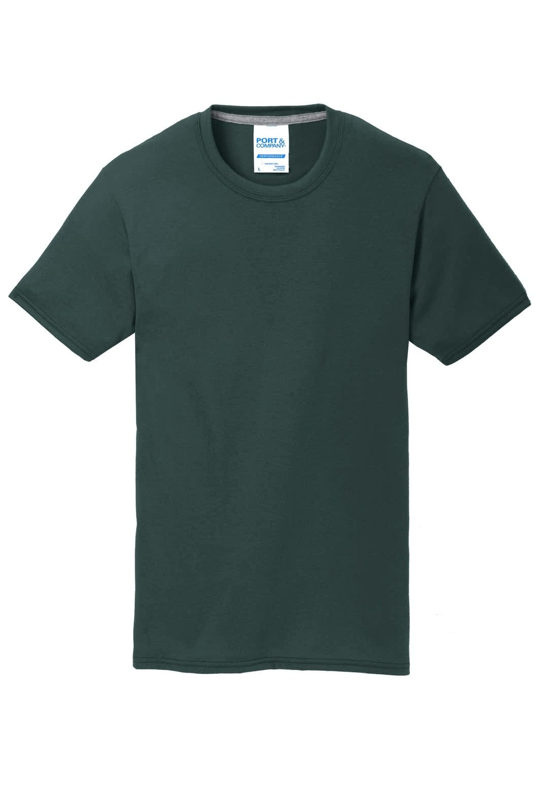 A dark green t-shirt with a crew neck and short sleeves. Features a tag inside the collar with branding.