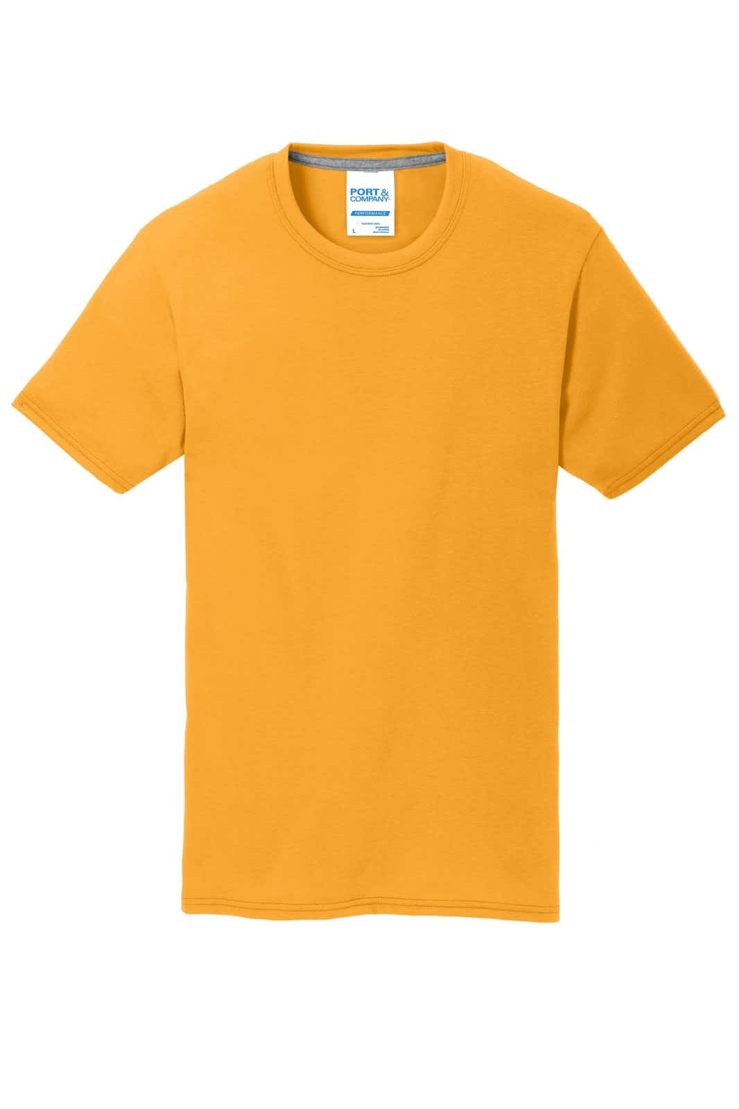 A bright yellow performance blend t-shirt featuring a crew neckline and short sleeves, with a logo at the label.