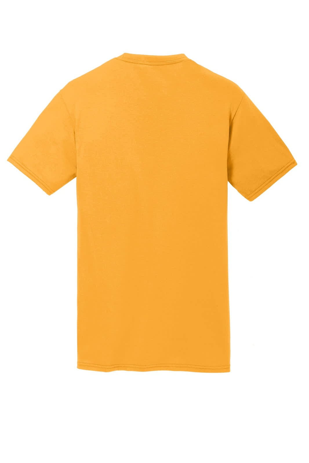 A yellow T-shirt featuring a plain back design and short sleeves, with one logo present.