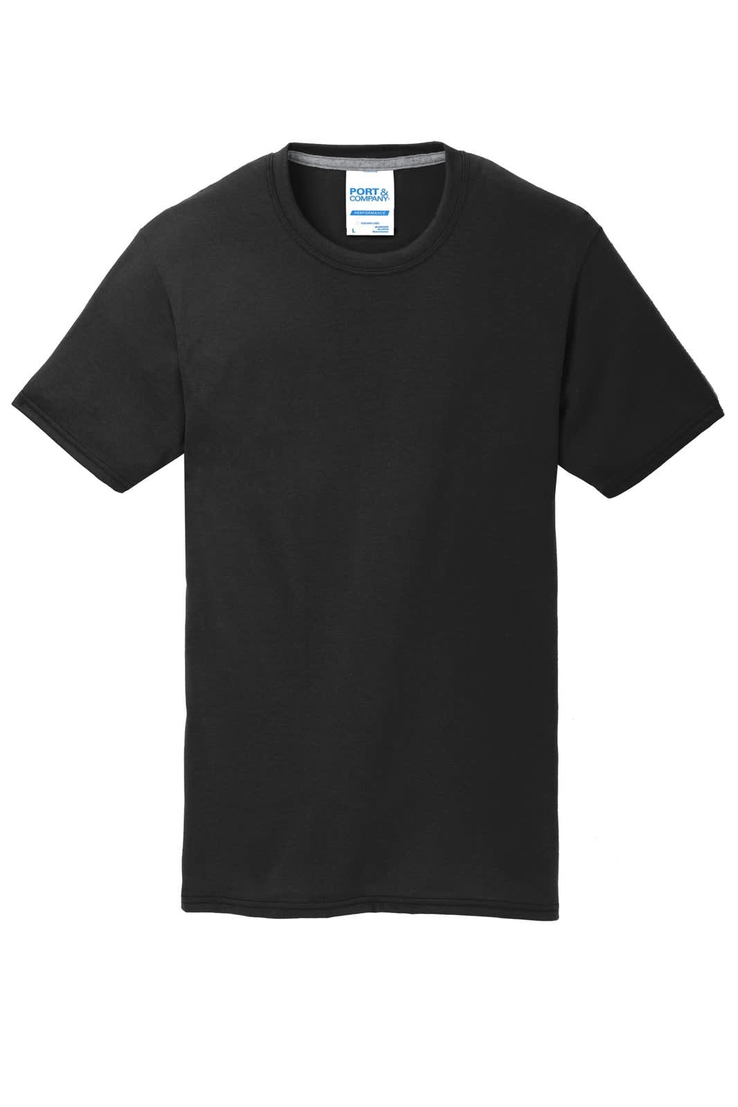 A black t-shirt featuring a round neck and short sleeves, with a logo at the neckline.