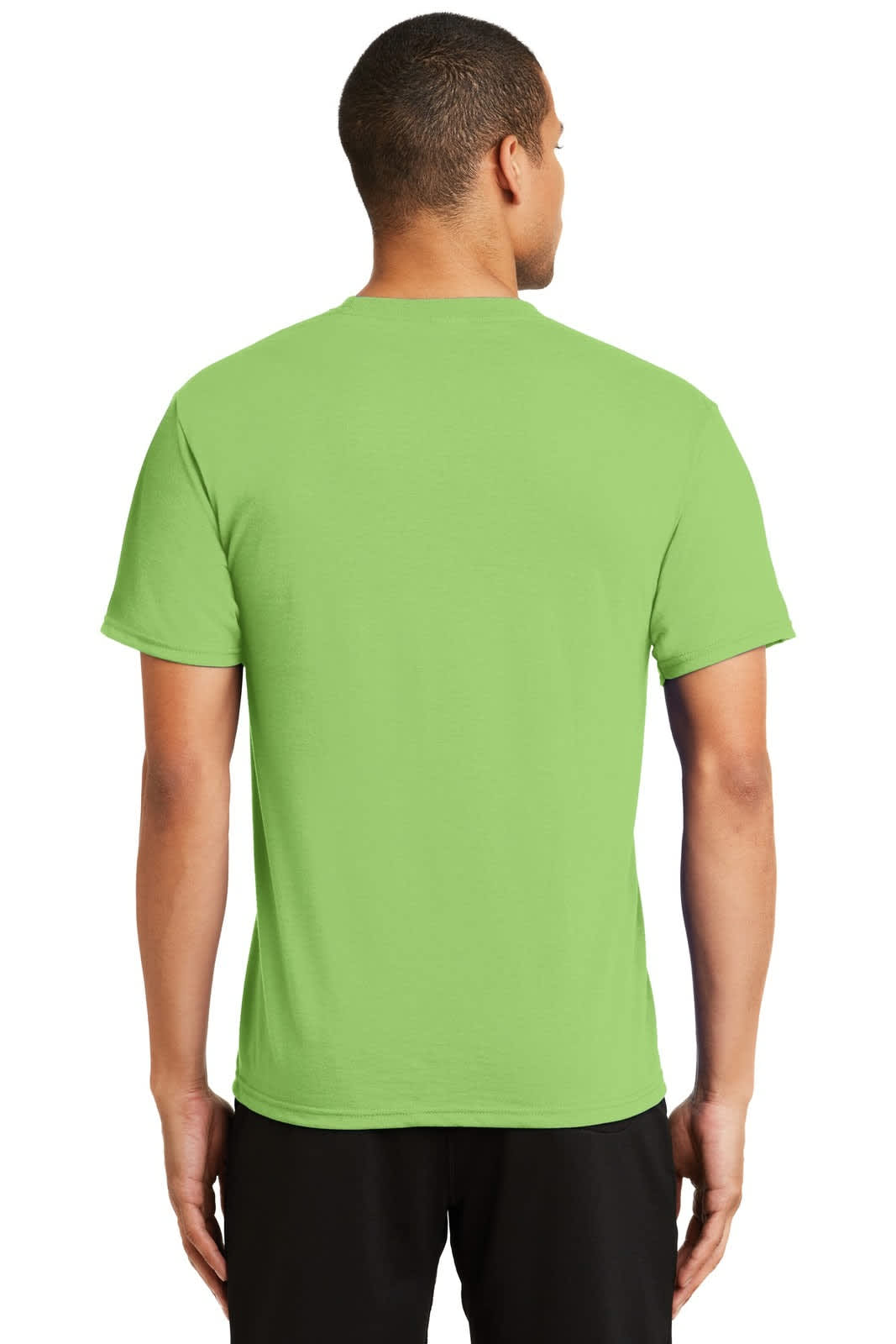 A man wearing a green Port & Company Performance Blend T-Shirt, viewed from the back, featuring a logo.