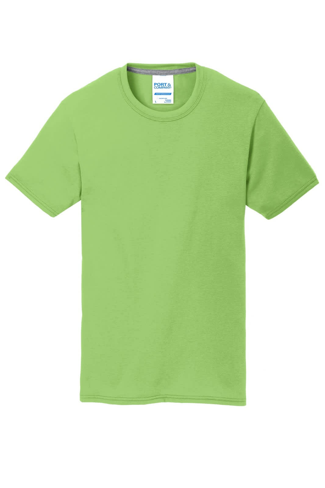 A bright green t-shirt with short sleeves, featuring a label with branding on the neckline.