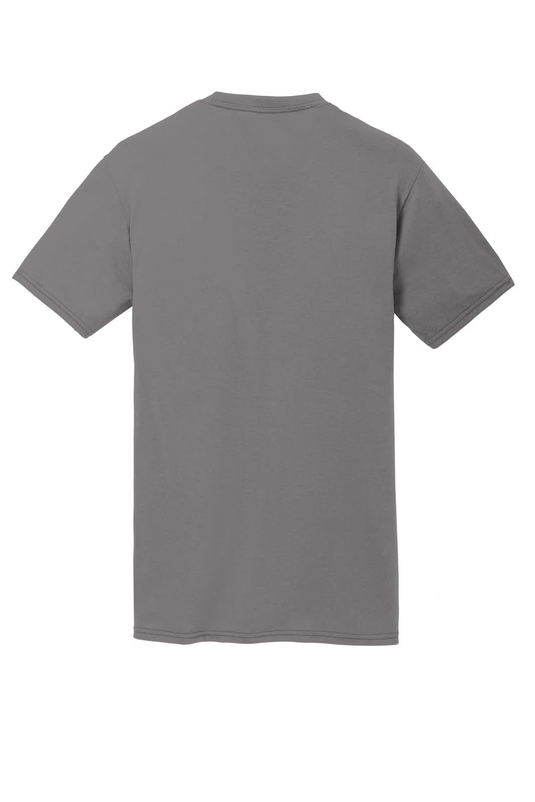 A grey t-shirt featuring short sleeves and a crew neck, displayed from the back. It has a logo or branding on it.