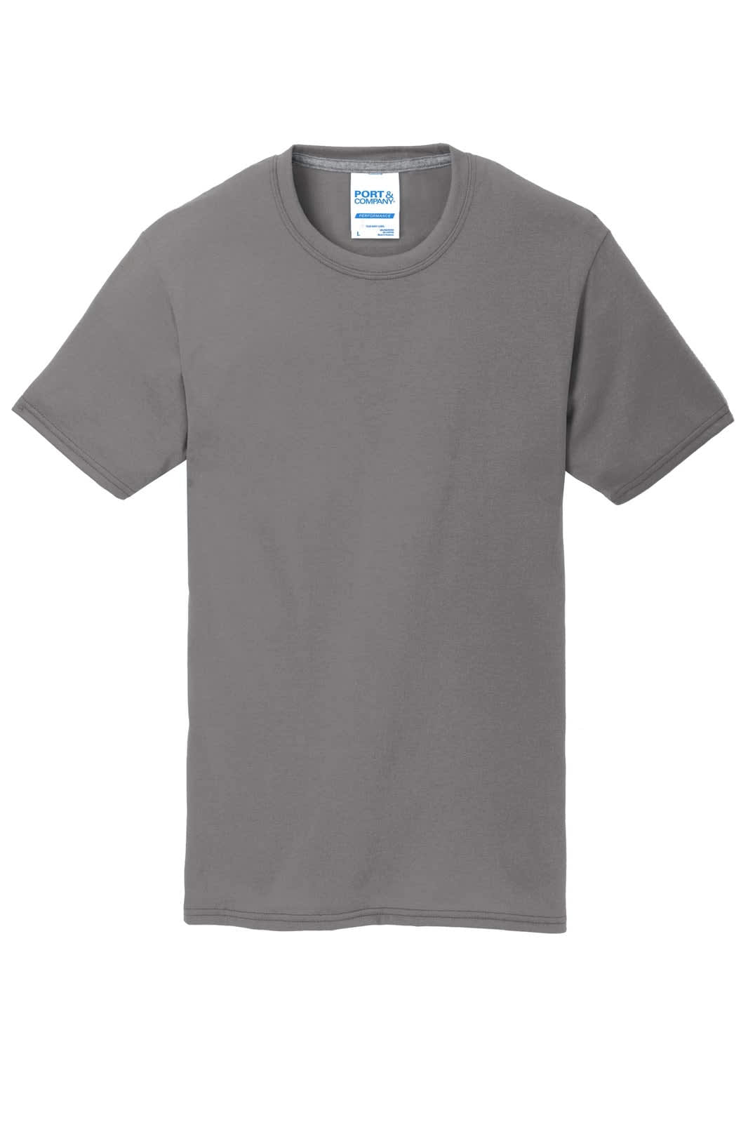 A grey short-sleeve t-shirt made from a performance blend fabric, featuring a logo.