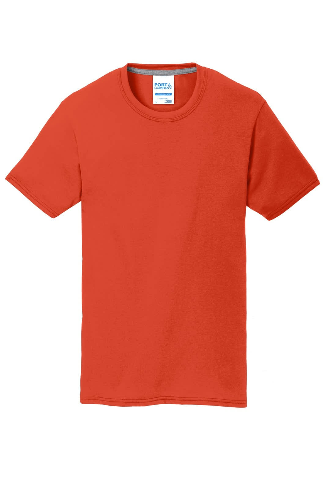 An orange Port & Company Performance Blend Tee with a crew neck and short sleeves, featuring a logo.