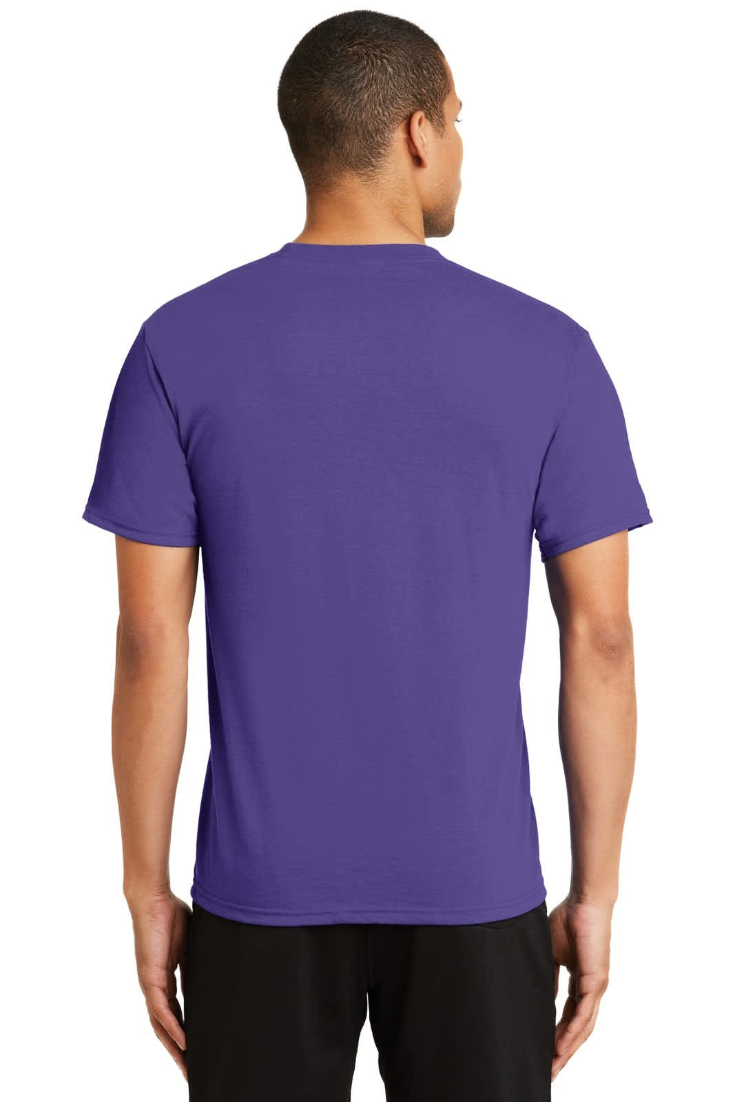 A purple performance blend T-shirt displayed from the back, featuring a logo on the upper back.