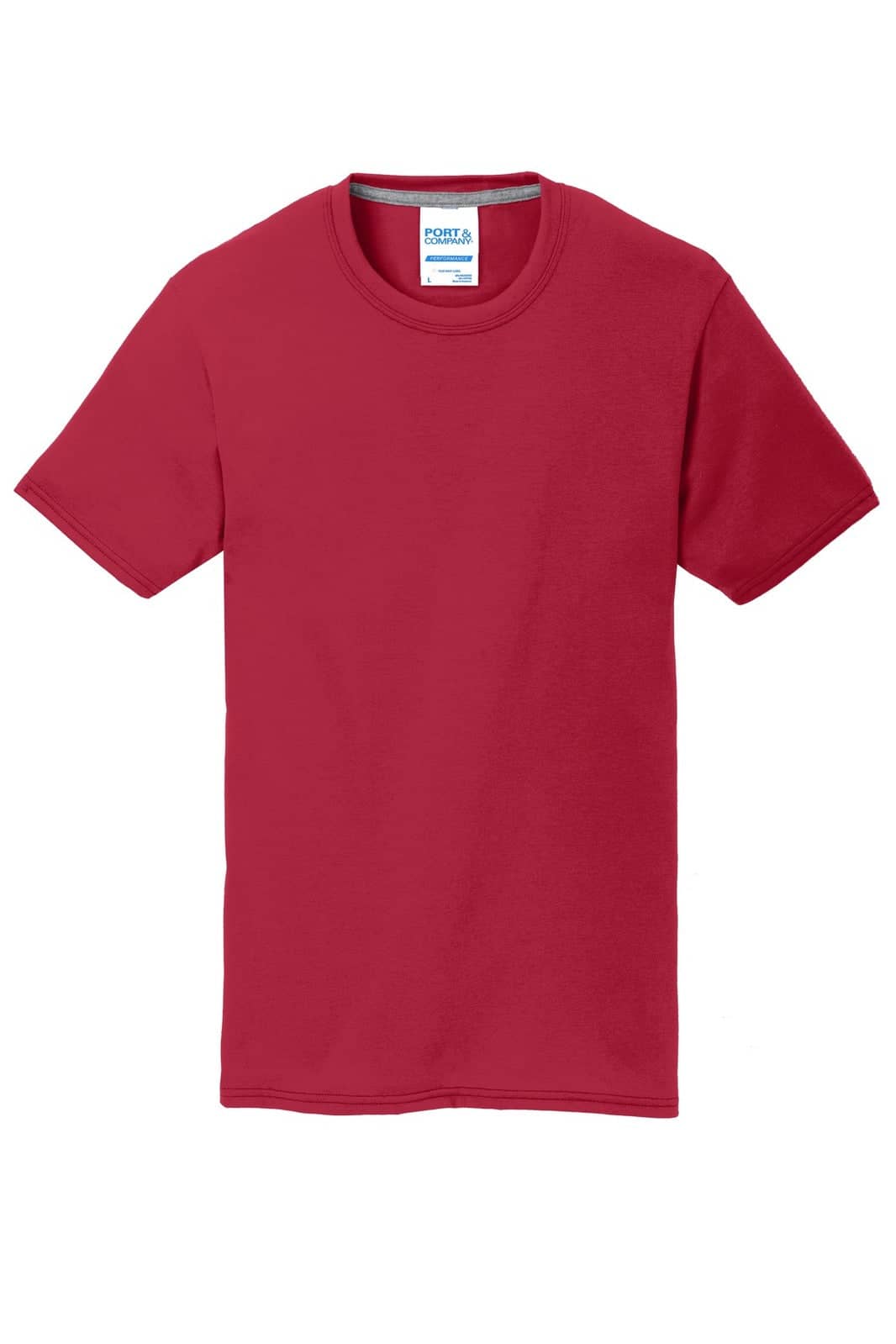 A red Port & Company Performance Blend Tee with a crew neck and short sleeves, featuring a logo.