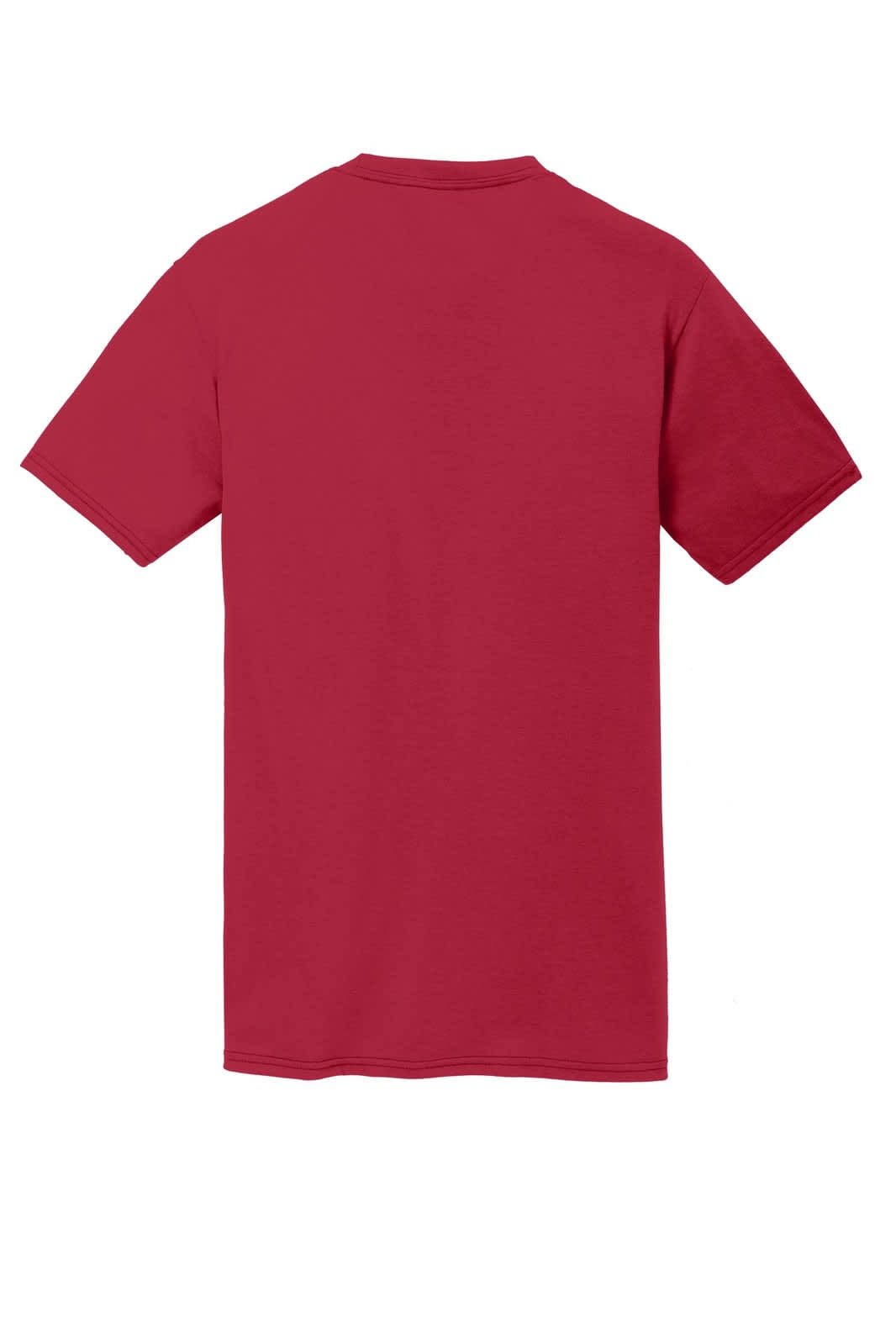 A red performance blend T-shirt featuring short sleeves and a plain back design. It has a logo on the label.