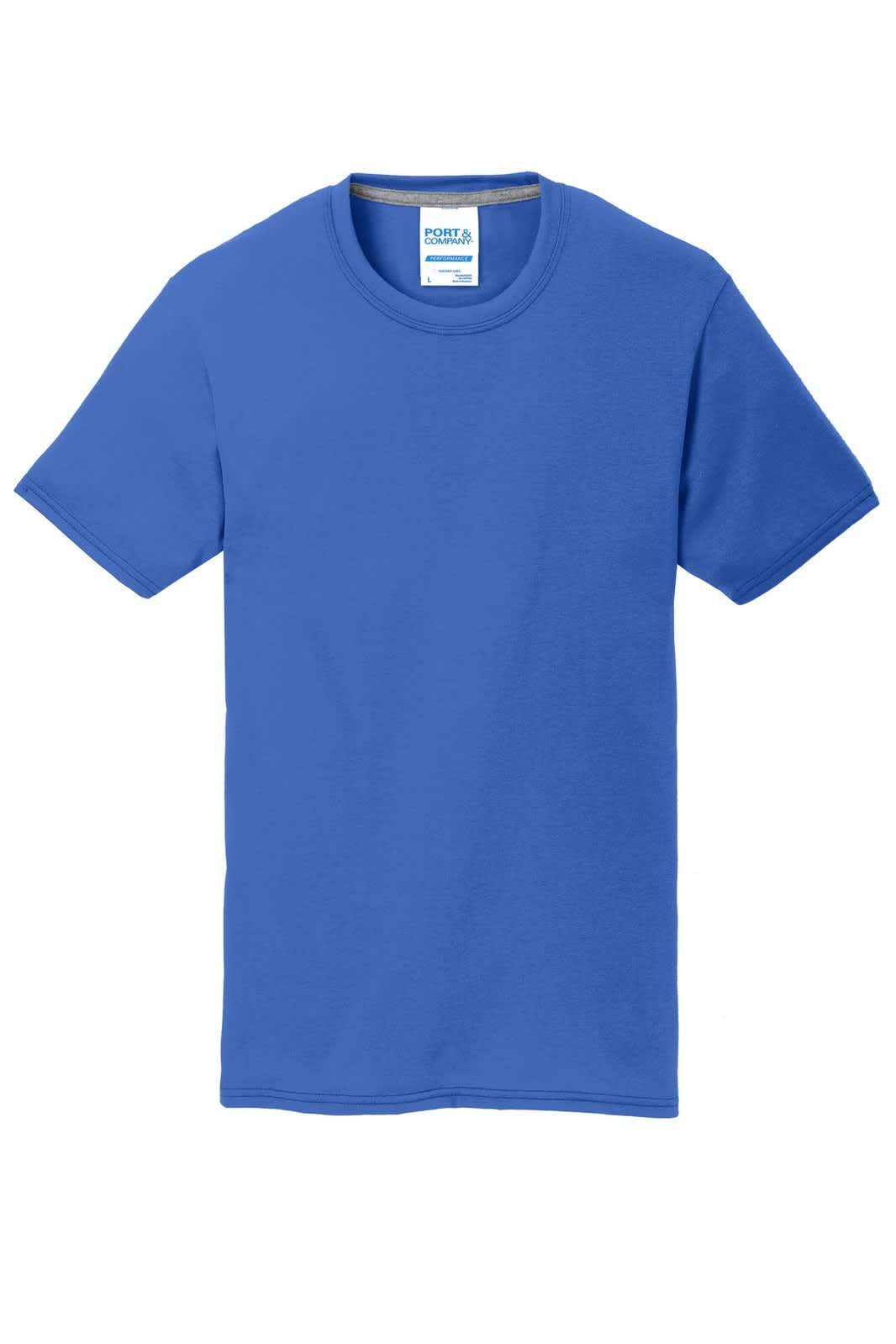 A blue Port & Company Performance Blend Tee featuring short sleeves and a round neck. It has a logo.