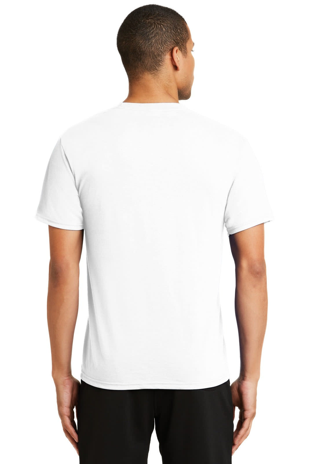 A plain white performance blend t-shirt viewed from the back, featuring short sleeves and a subtle logo.