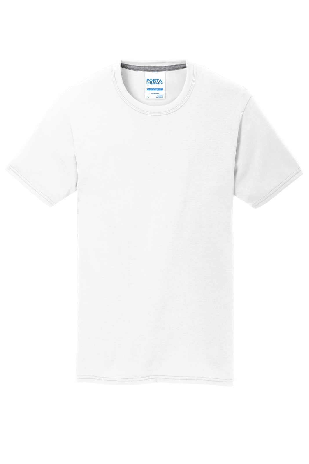 A white performance blend t-shirt featuring short sleeves and a round neckline, with a branding label inside.