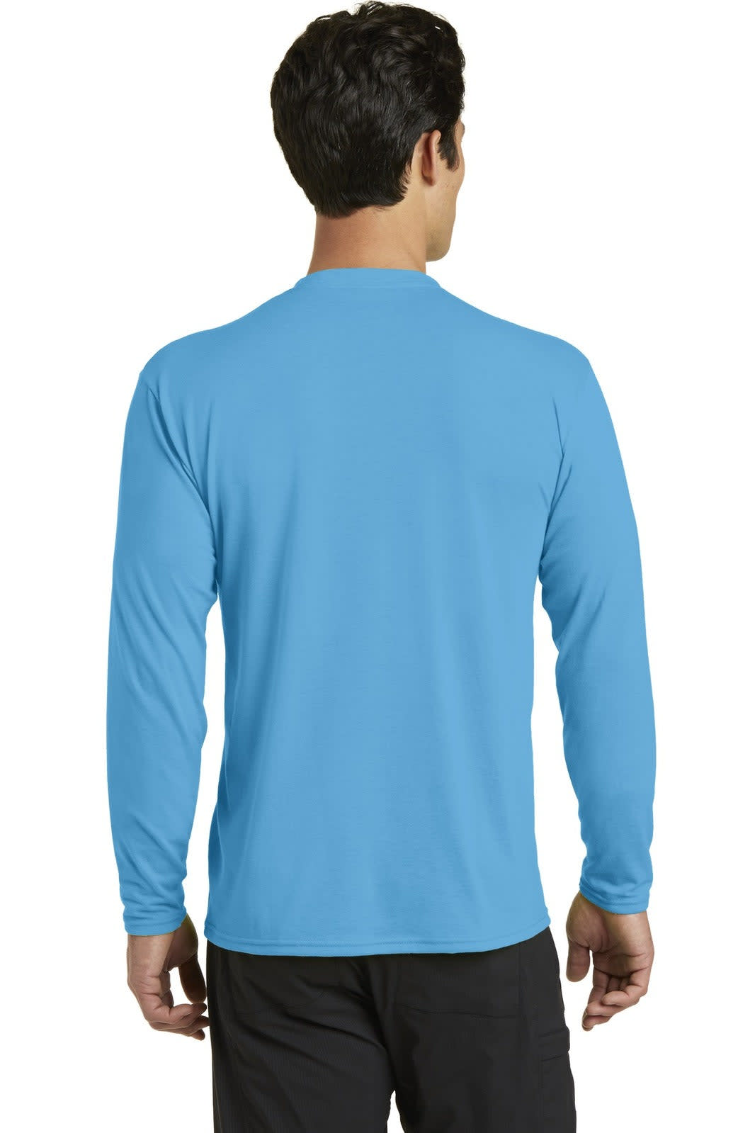 A long sleeve performance blend tee in bright blue, featuring a logo, shown from the back.