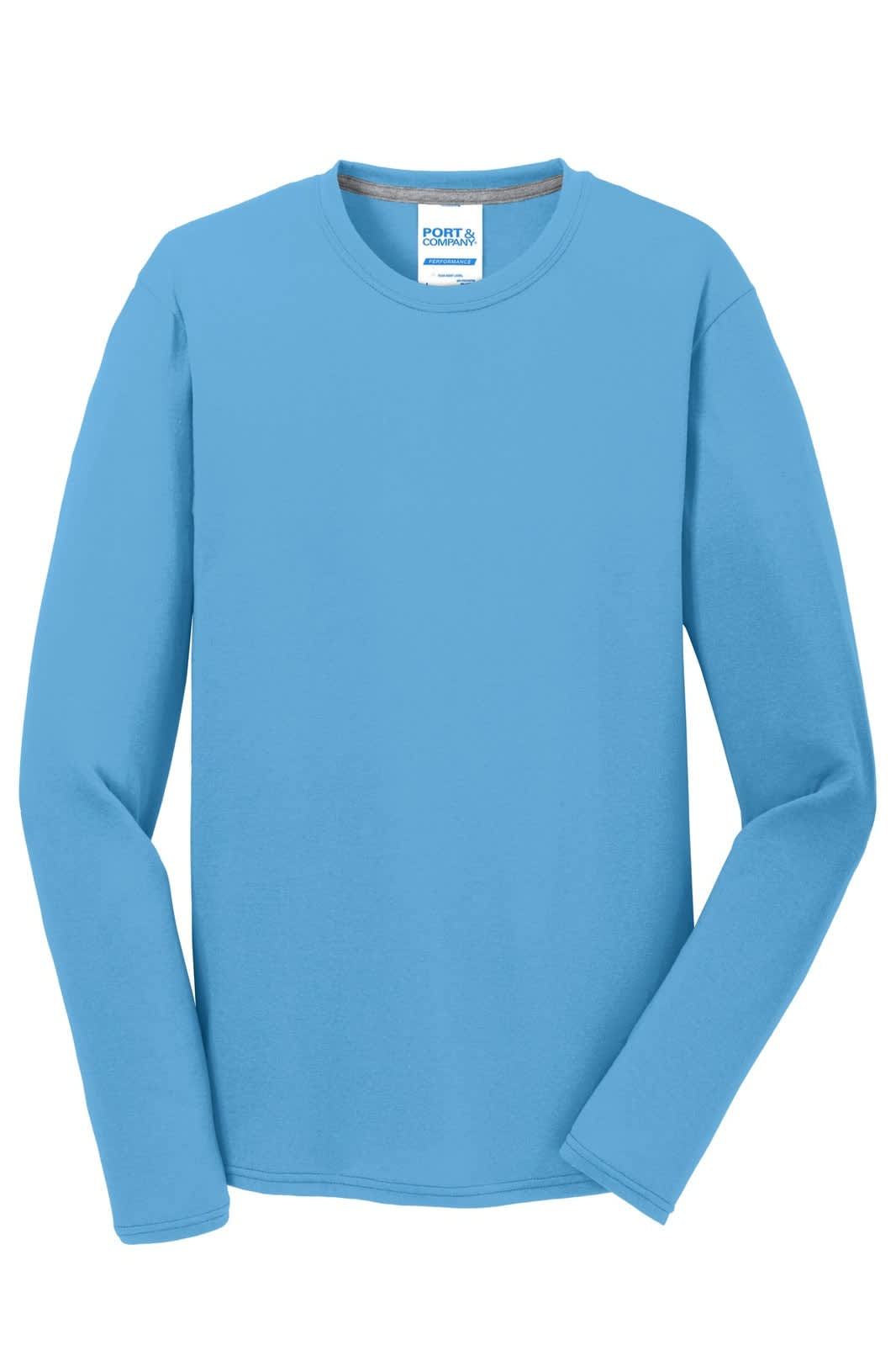 A long sleeve performance blend tee in a vibrant sky blue colour, featuring a logo on the label.