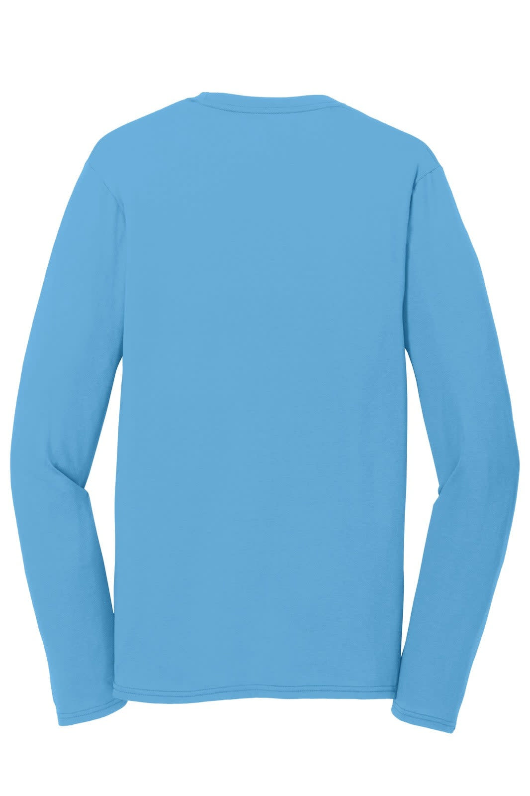 A light blue long sleeve performance blend tee with a smooth back design and a logo.