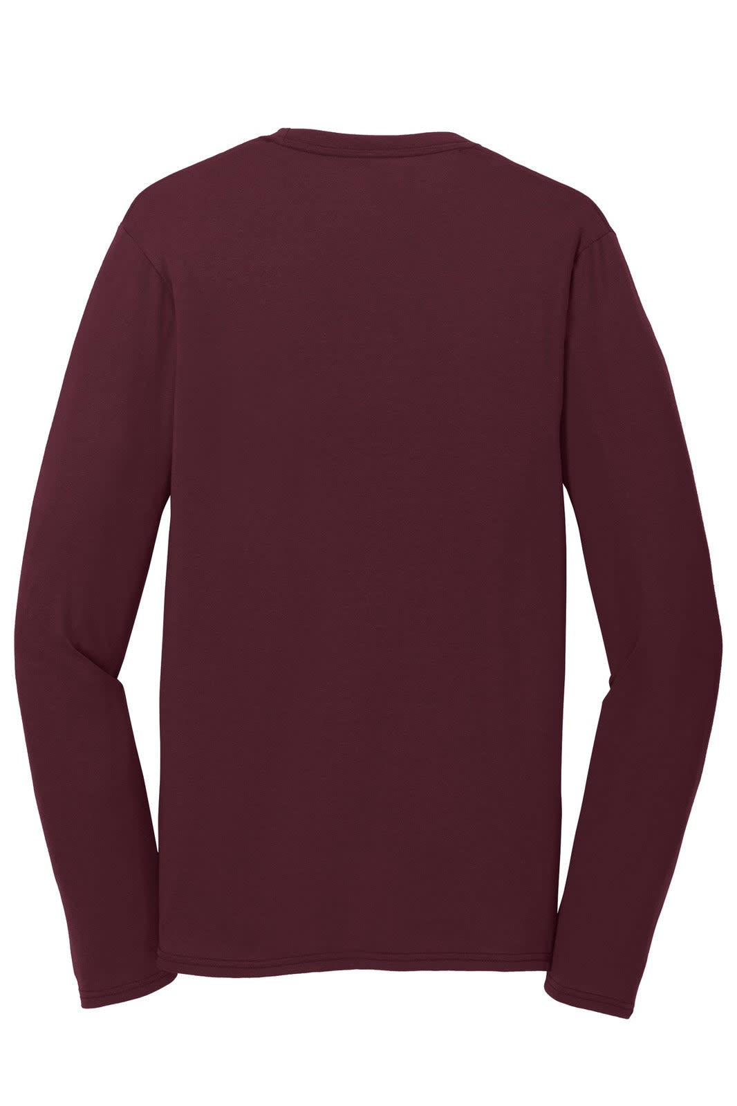 A maroon long sleeve performance blend tee with a plain back and fitted sleeves. Features a logo.