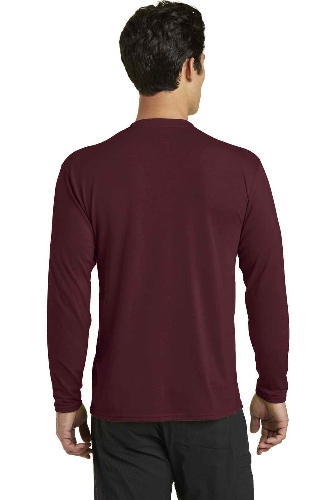 A long sleeve performance blend tee in maroon, featuring a simple design and a logo on the back.