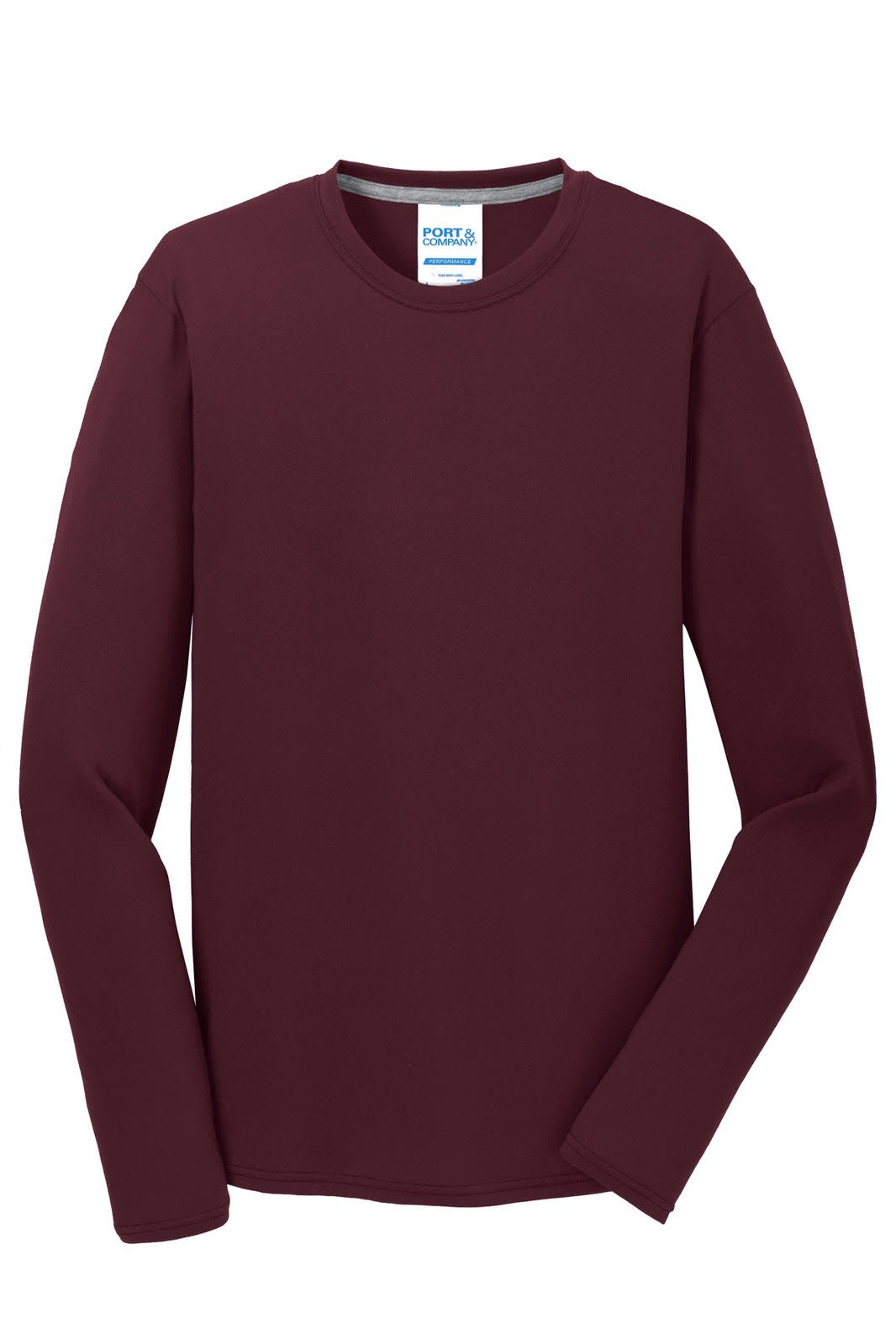 A long sleeve performance blend tee in a rich burgundy colour, featuring a logo on the label.