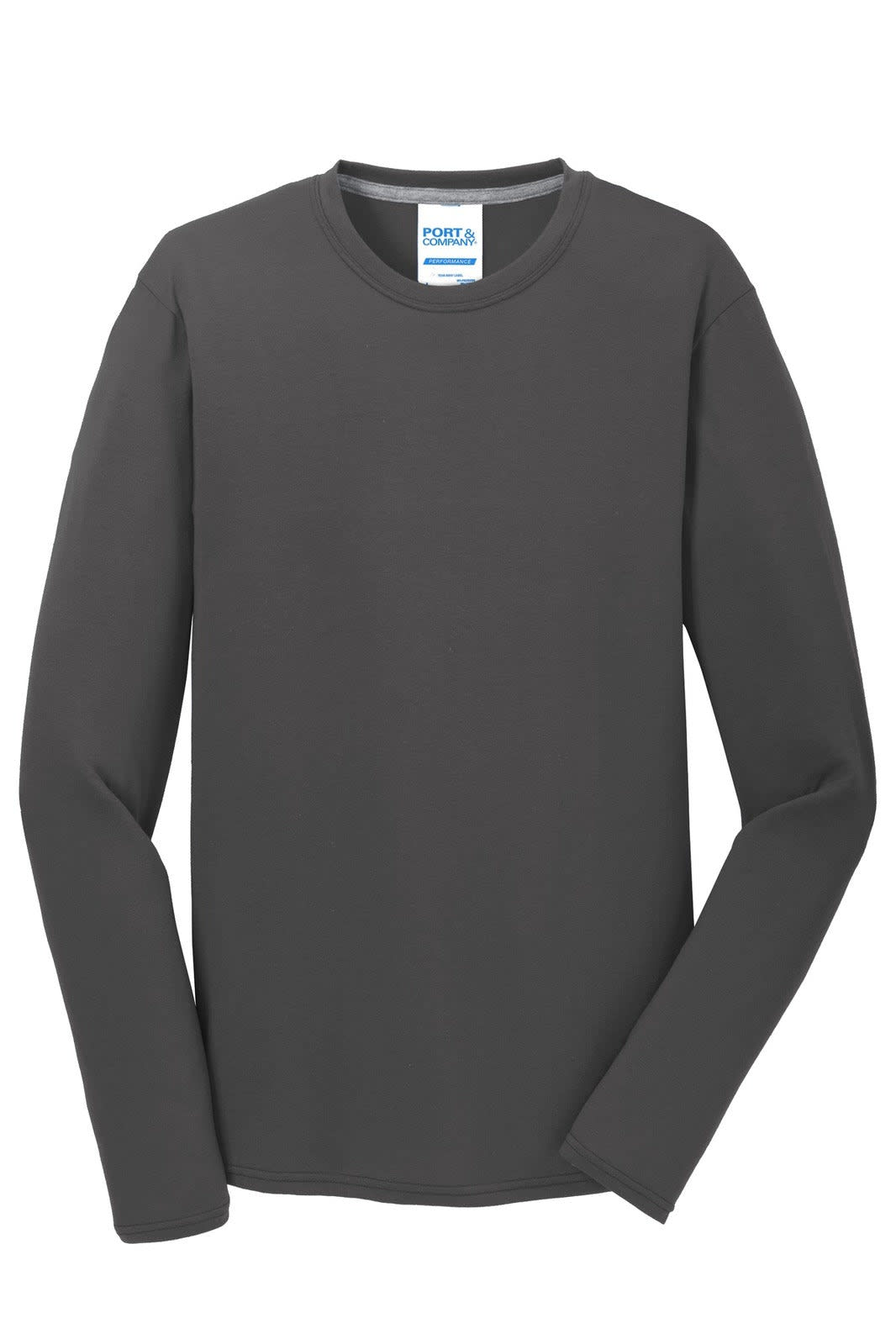 A long sleeve performance blend tee in dark grey with a logo on the label.