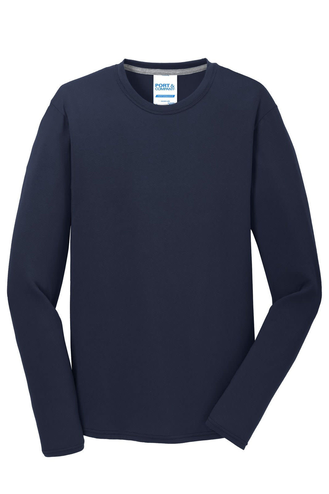 A long sleeve performance blend tee in navy blue, featuring a logo on the label.