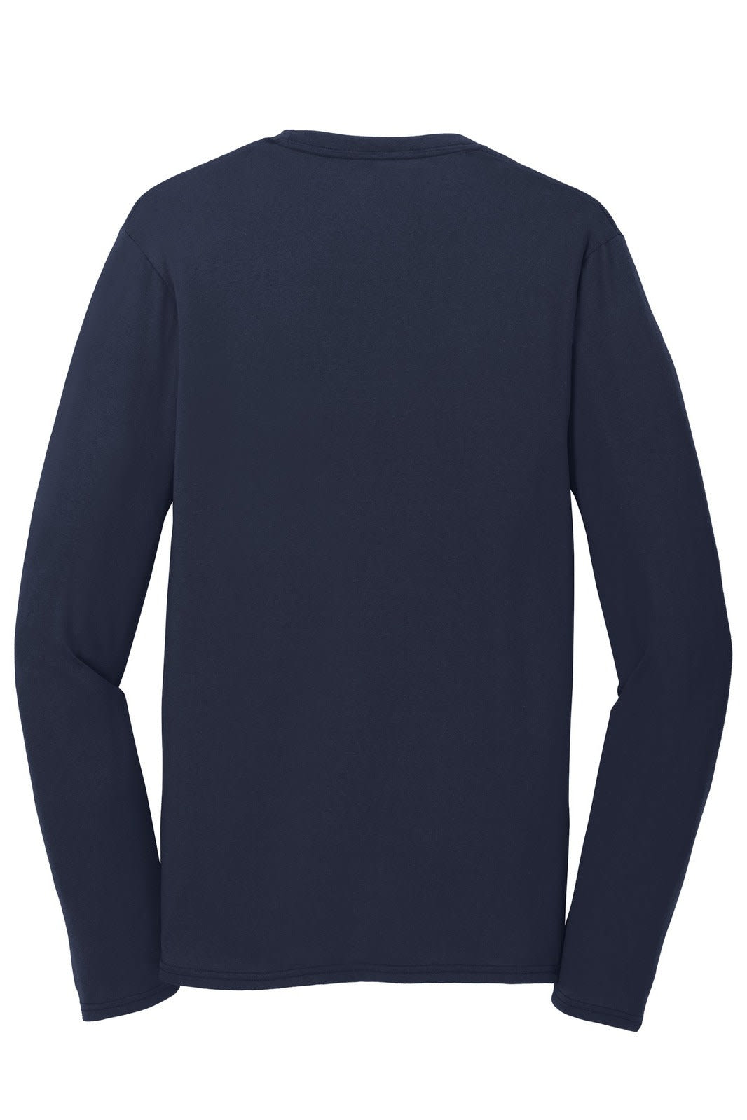 A long sleeve performance blend tee in navy blue, featuring a simple design and a logo.