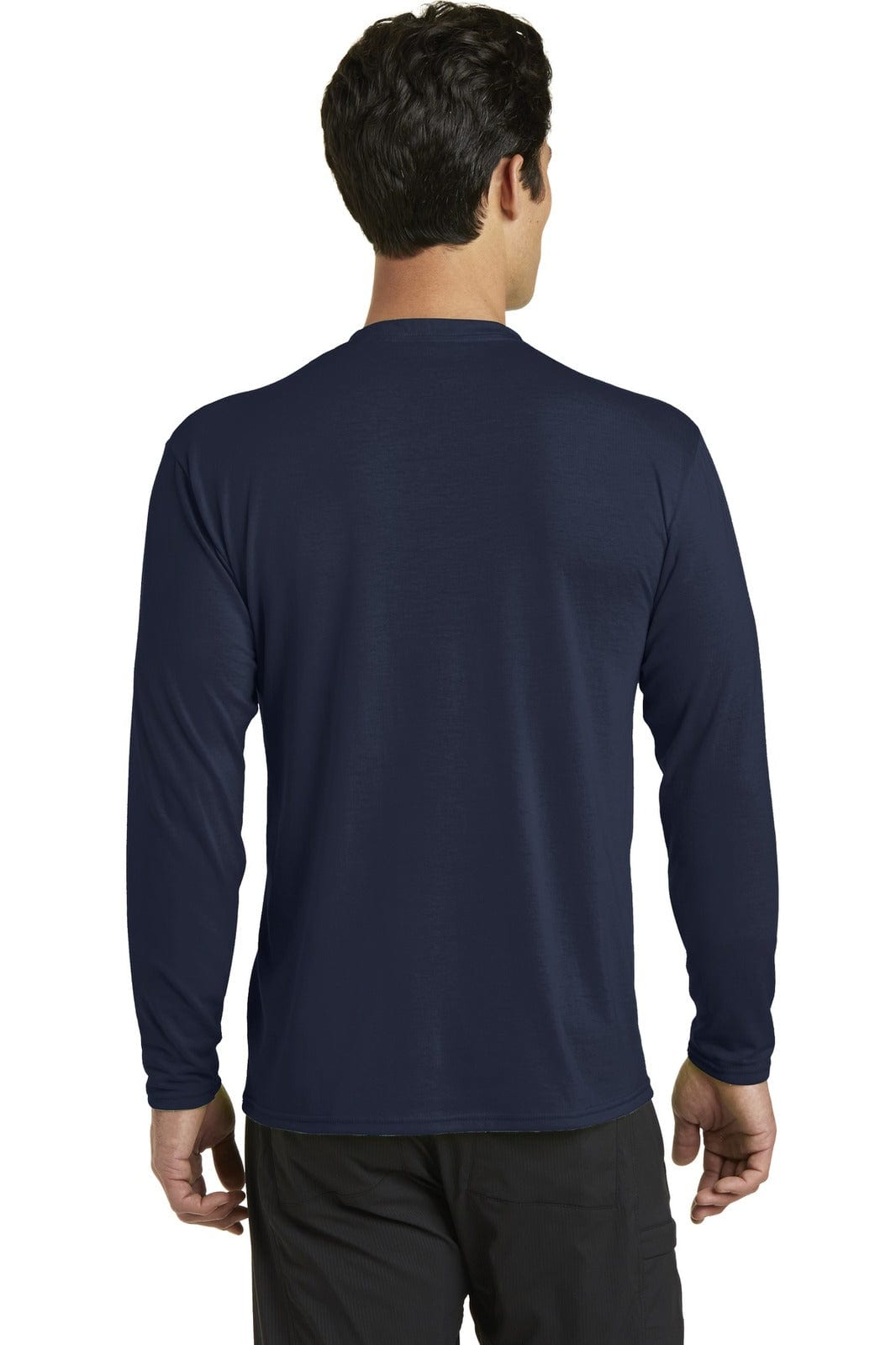 A long sleeve performance blend tee in navy, featuring a back view of the shirt. It has a small logo near the neckline.