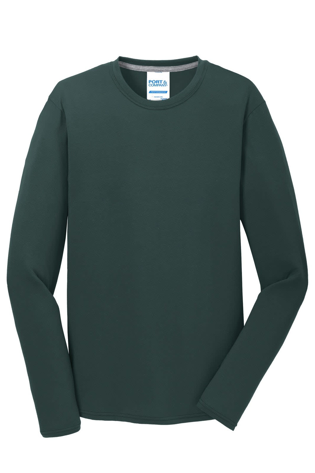 A long sleeve performance blend tee in dark green, featuring a logo on the label.