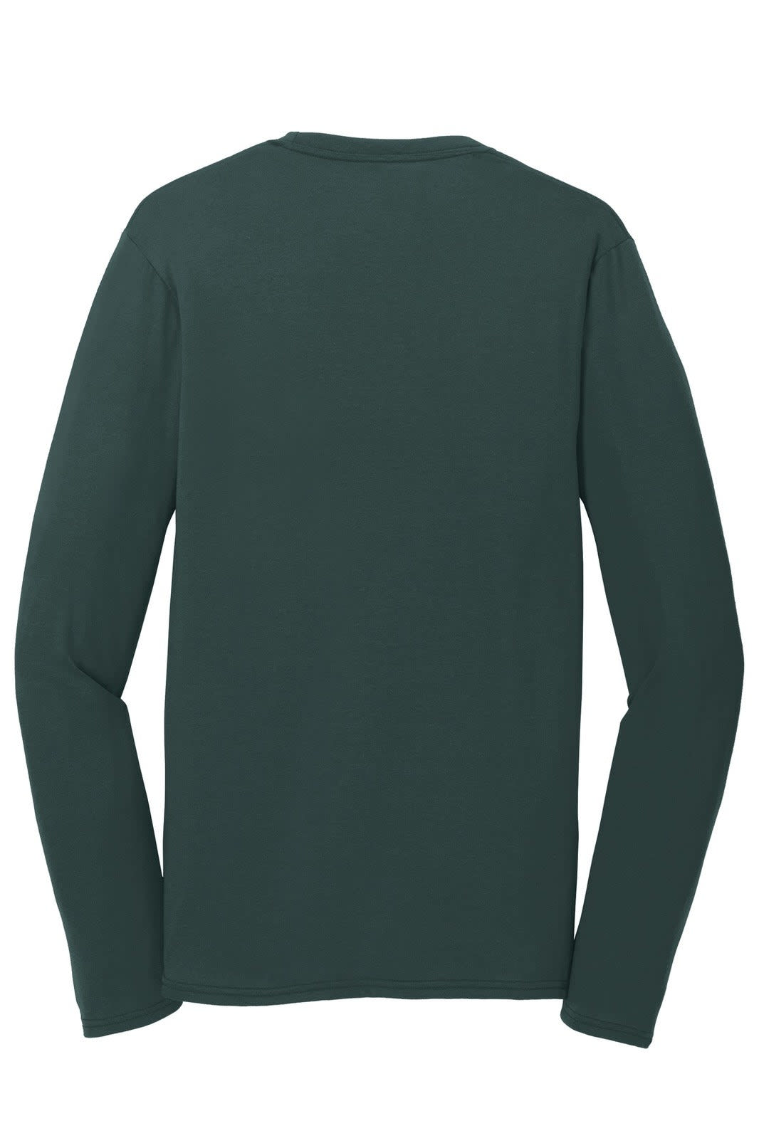 A long sleeve performance blend tee in dark green, featuring a plain back and soft fabric.