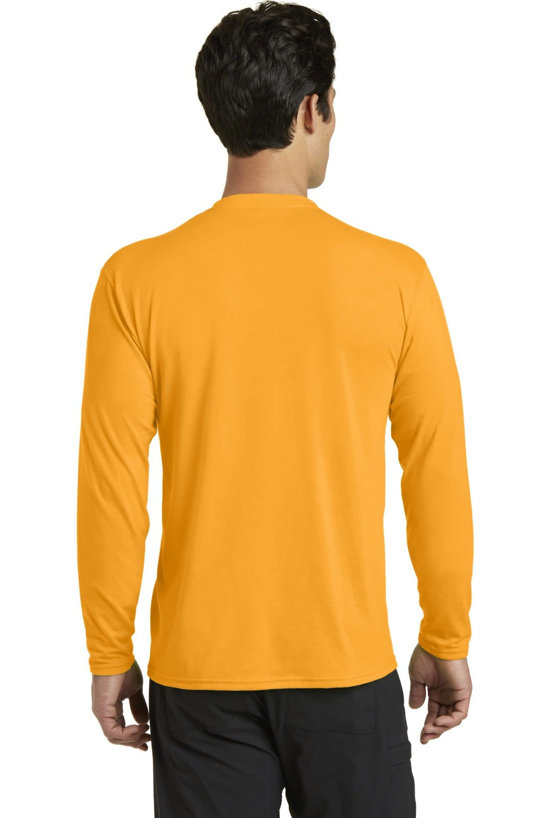 A long sleeve performance blend tee in bright orange, featuring a logo on the back.