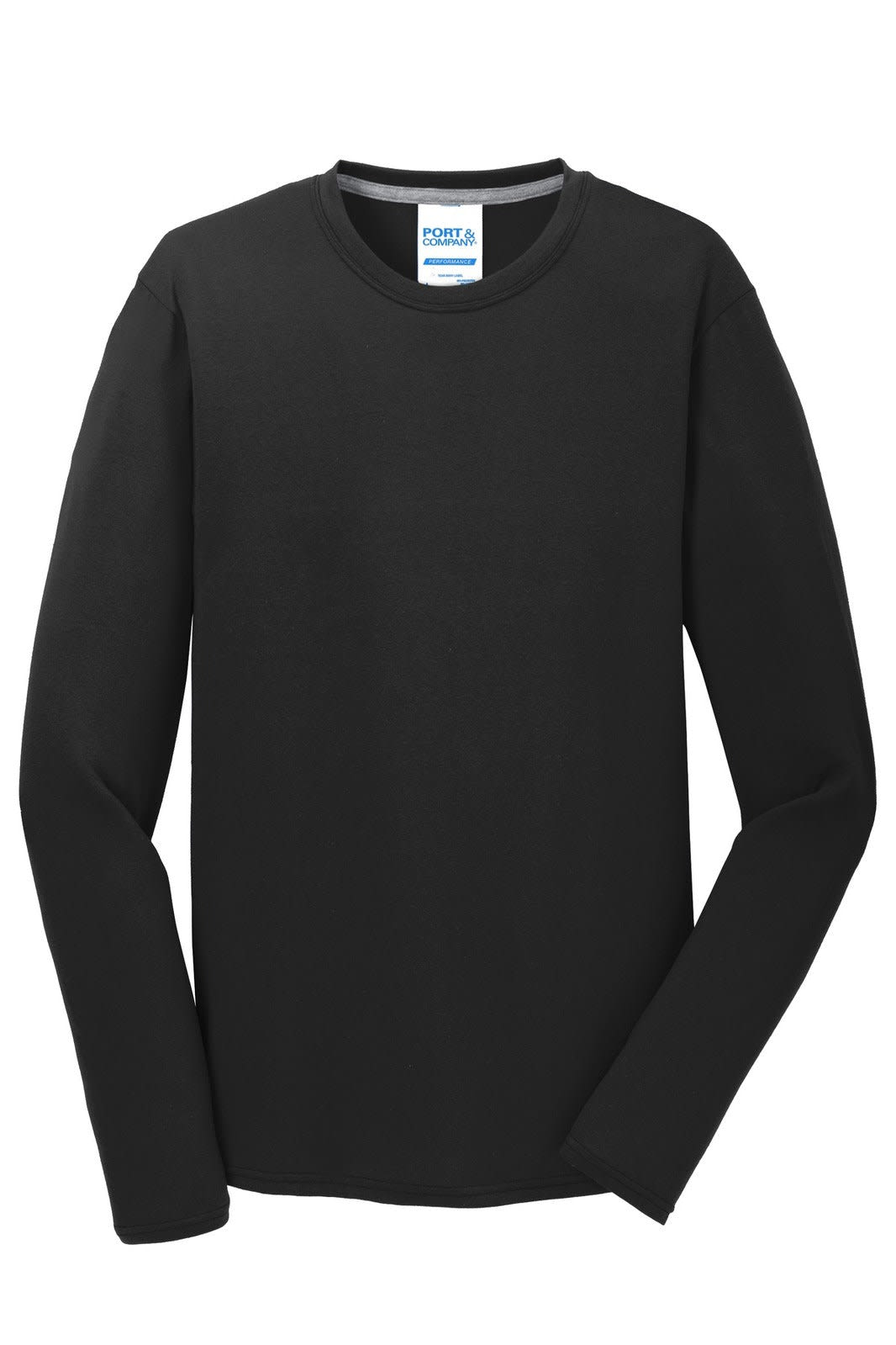 A black long sleeve performance blend tee with a label and a logo. Suitable for casual wear.
