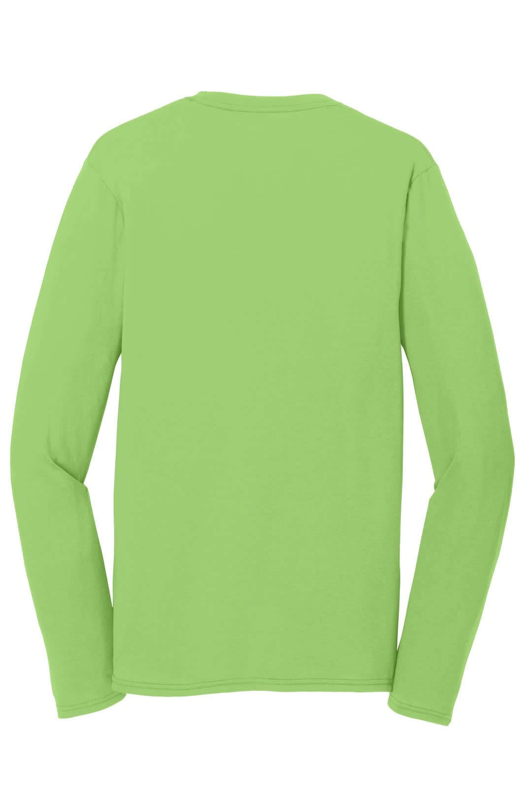 A long sleeve performance blend tee in bright green, featuring a simple design and no visible branding on the back.