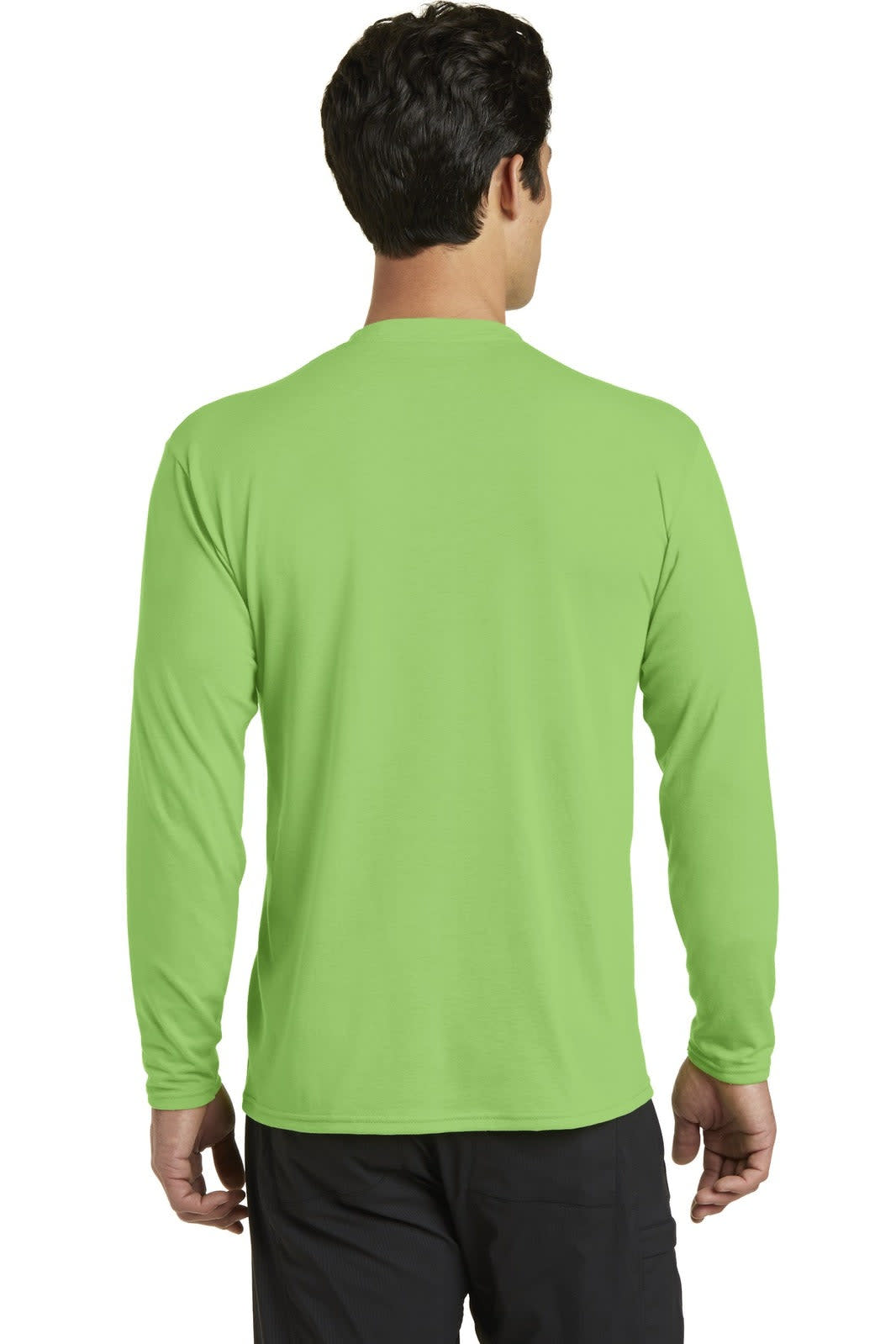 A long sleeve performance blend tee in vibrant green, featuring a logo, viewed from the back.
