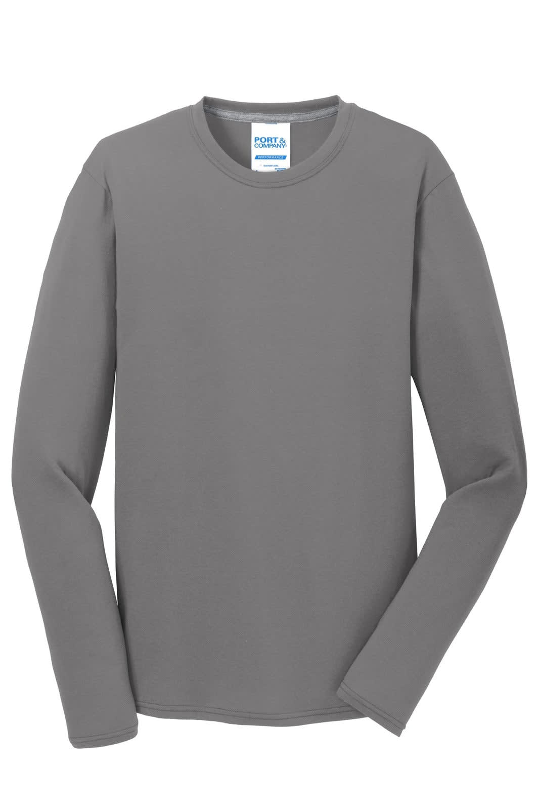 A grey long sleeve performance blend tee with a logo on the label.