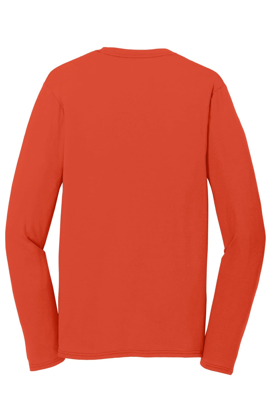 A long sleeve performance blend tee in vibrant red, featuring a plain back and a logo.
