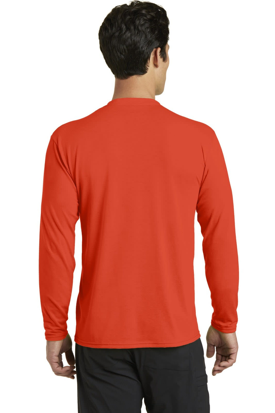 A long sleeve performance blend tee in bright red, featuring a plain back and a logo on the upper section.