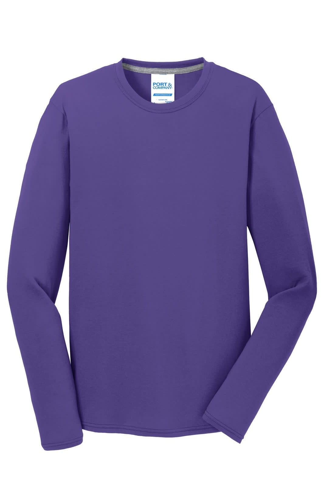 A purple long sleeve performance blend tee with a standard crew neckline and a logo on the label.