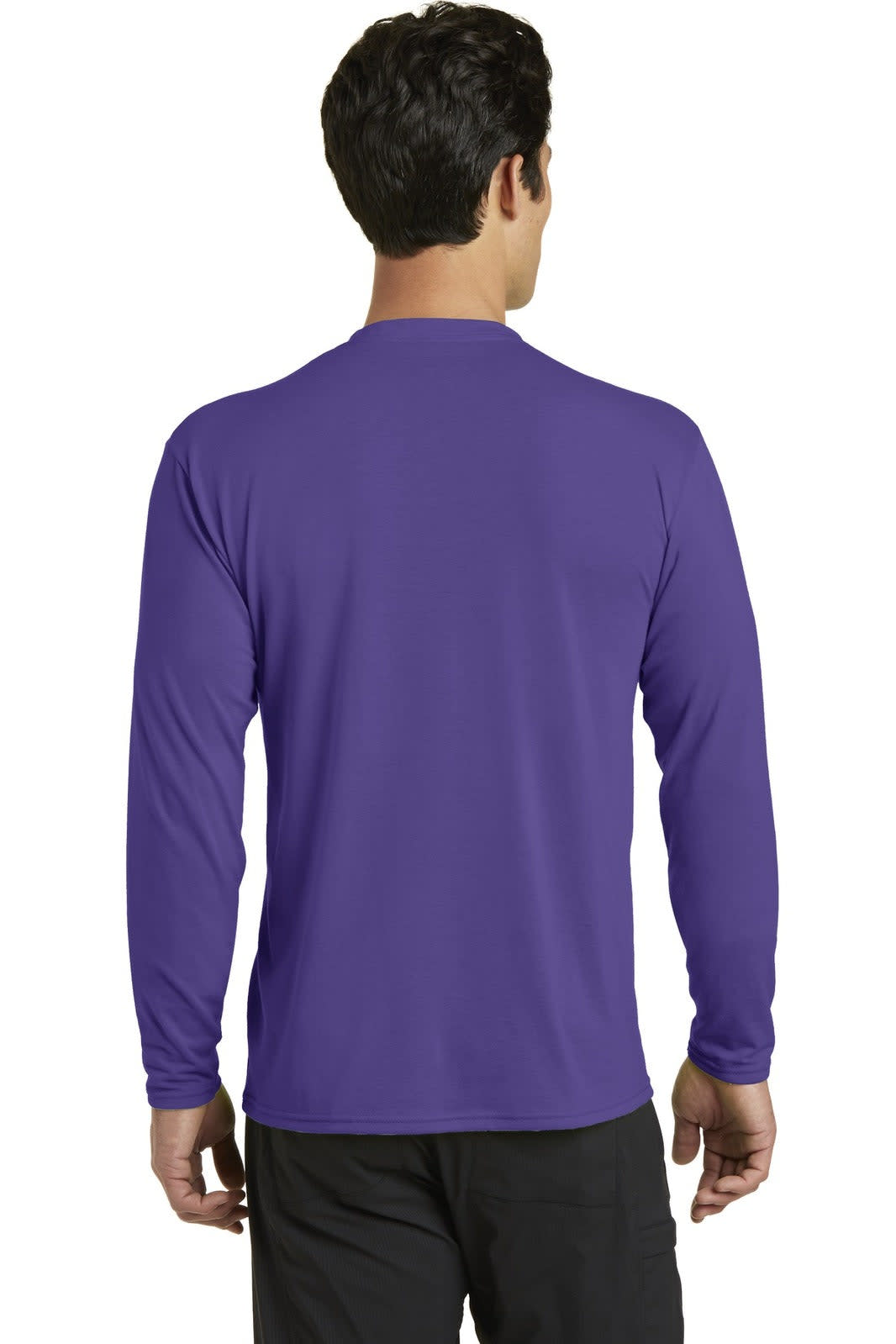 A long sleeve performance blend tee in purple, featuring a sleek design and a logo on the back.
