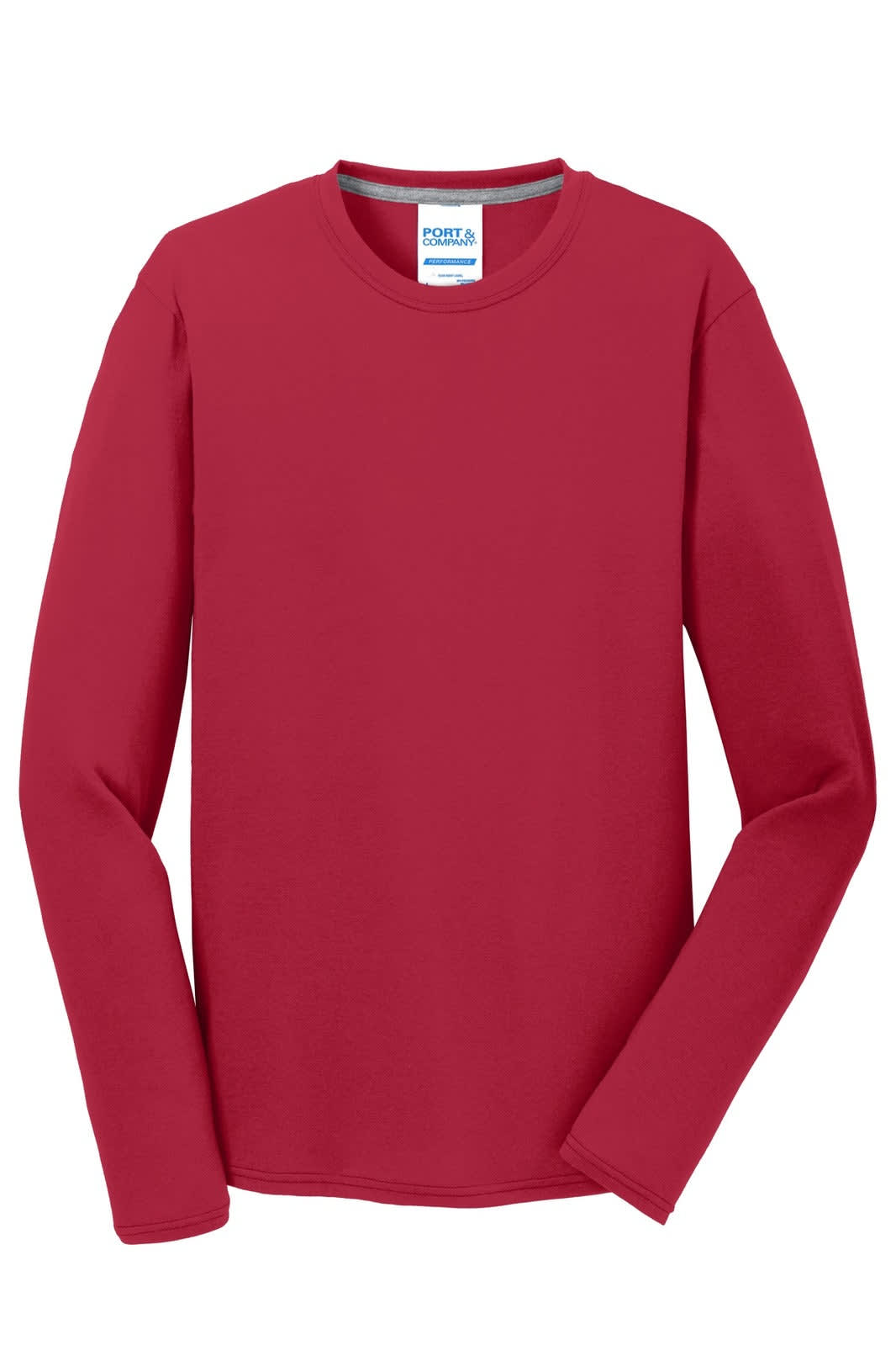 A red long sleeve performance blend tee with a tag inside and a small logo.