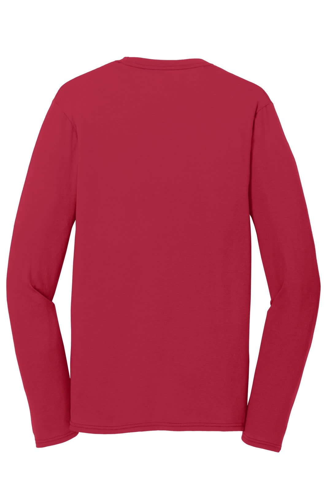 A red long sleeve performance blend tee with a simple design and a logo. Ideal for casual wear.