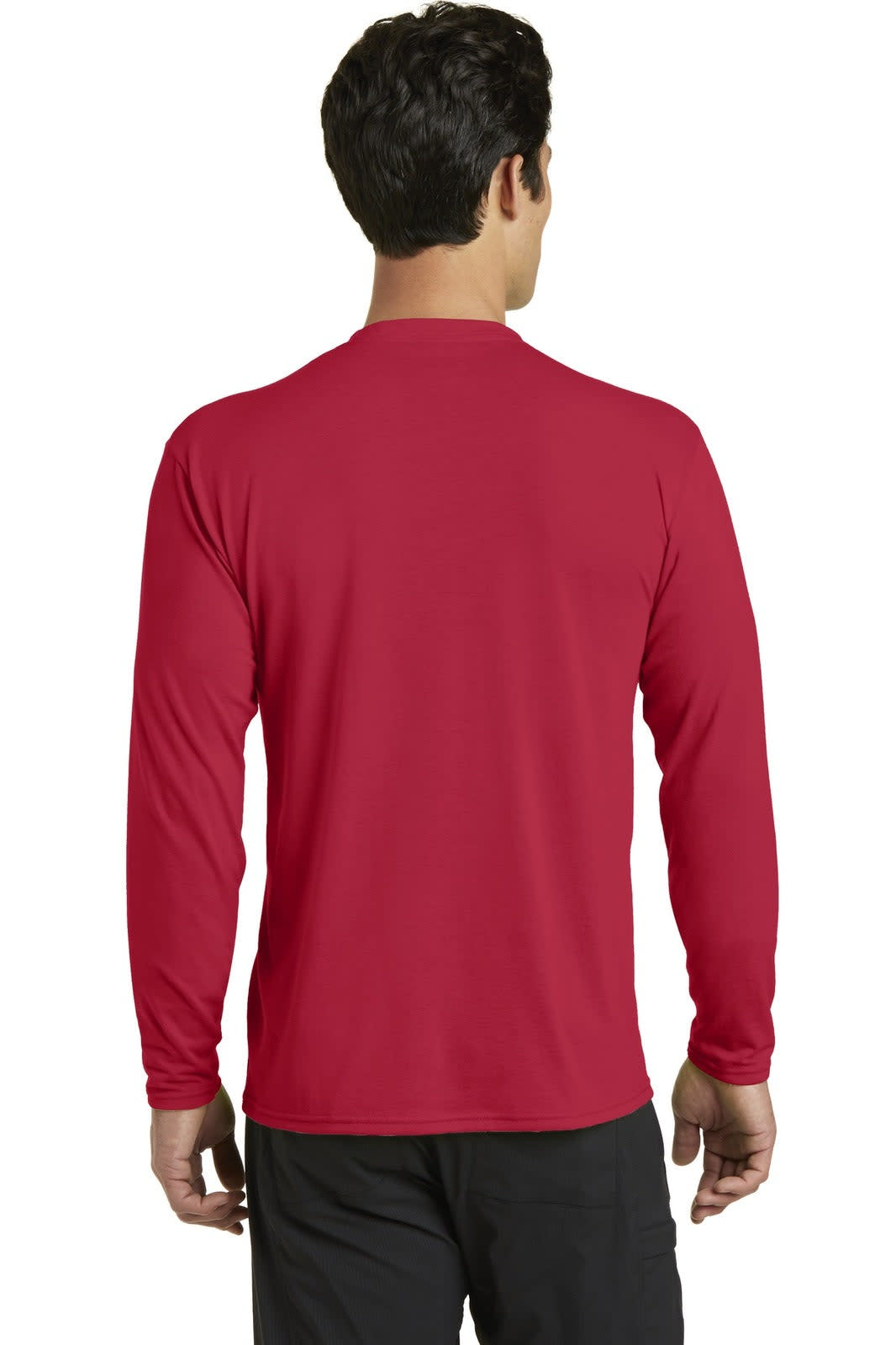 A long sleeve performance blend tee in a vibrant red colour, featuring a logo on the back.