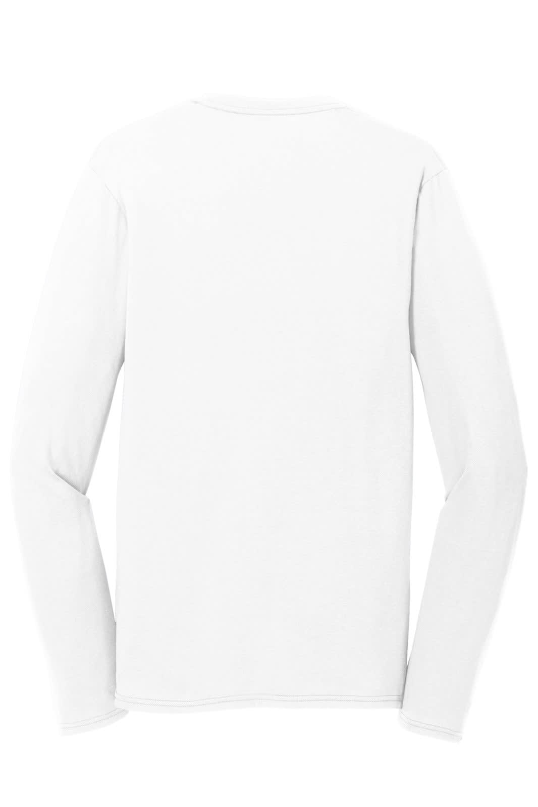 A long sleeve performance blend tee in white, featuring a simple design and a logo.