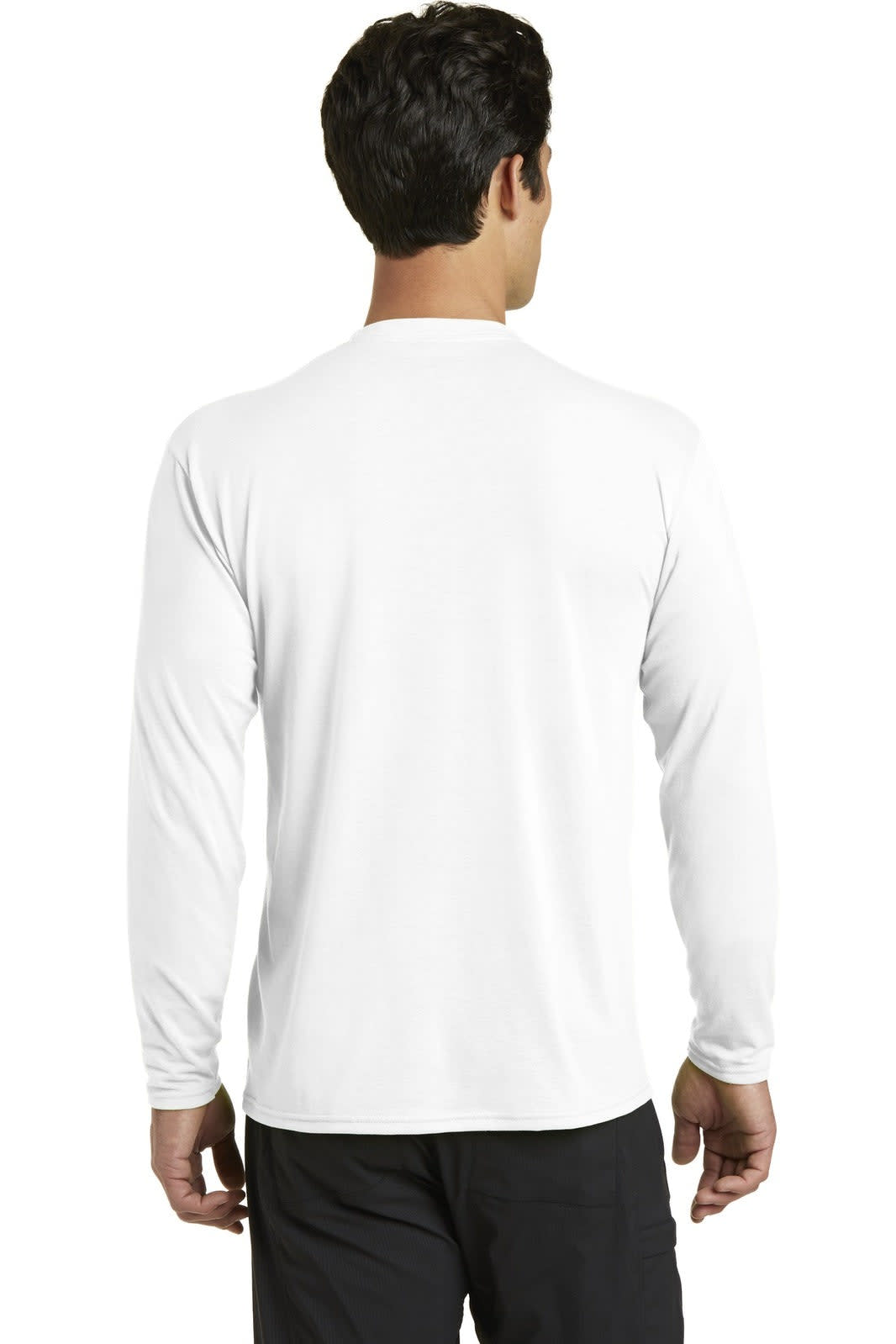 A long sleeve performance blend tee in white, featuring a logo, viewed from the back.