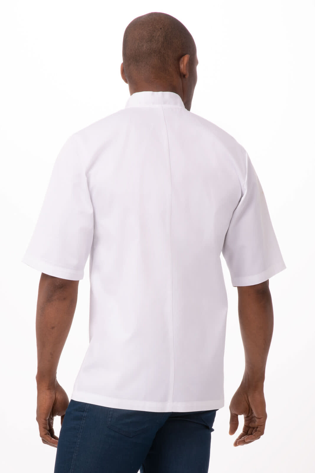 A white chef jacket with short sleeves, featuring a clean design and a logo. The model is seen from the back.