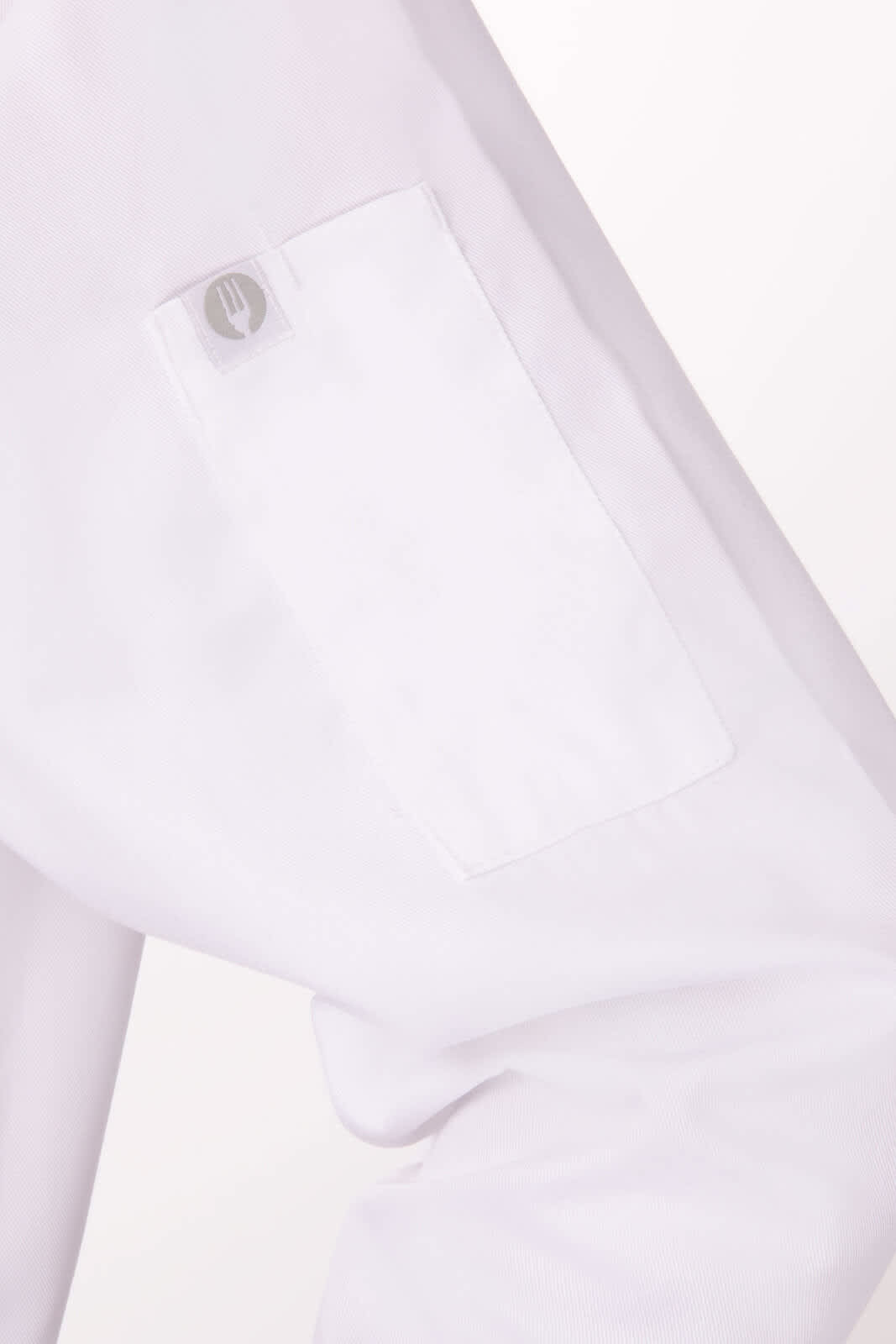 A white chef jacket featuring a side pocket and a logo, designed for men's use in culinary settings.