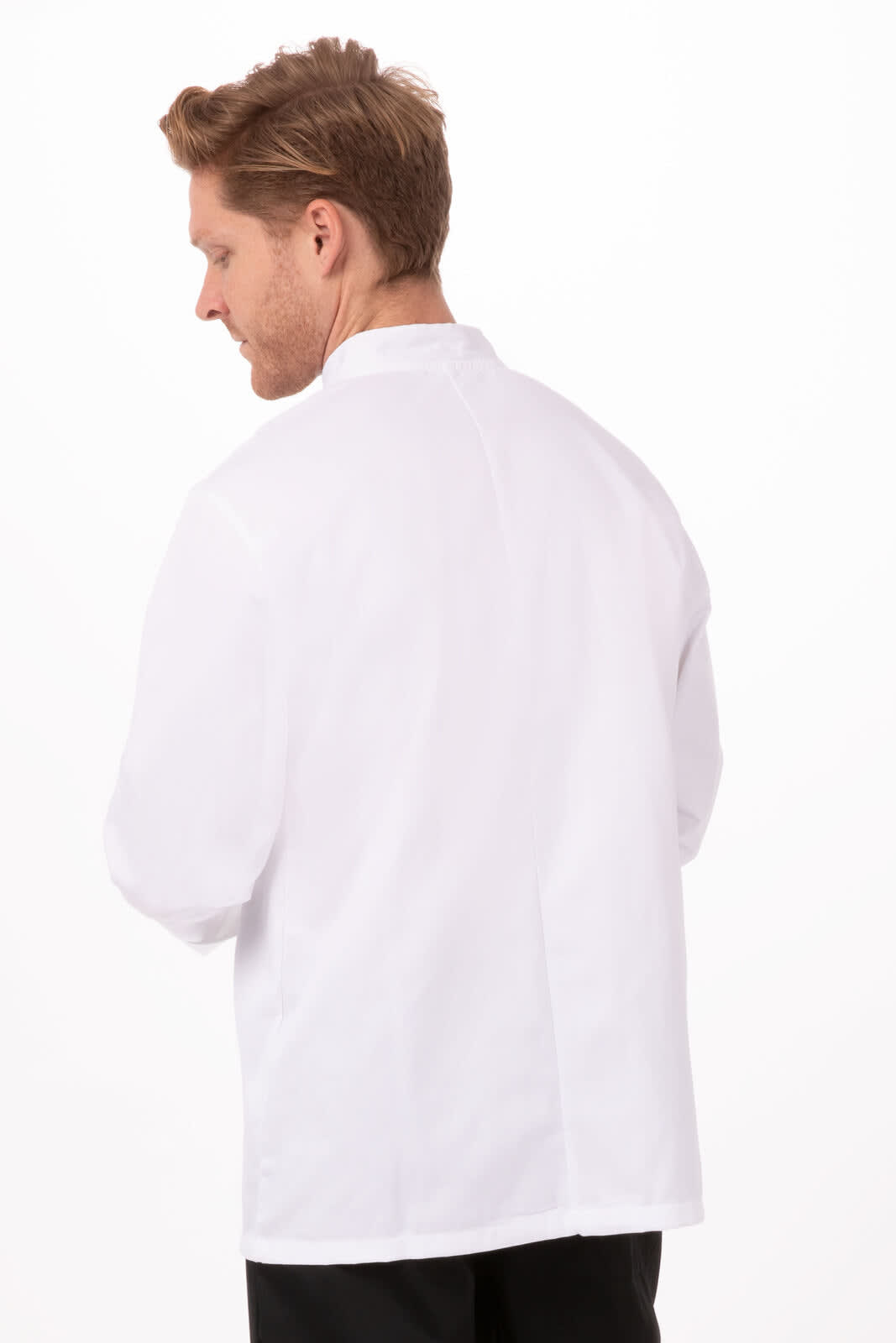 A white men's chef jacket with a relaxed fit, featuring a back view and a logo on the upper back.