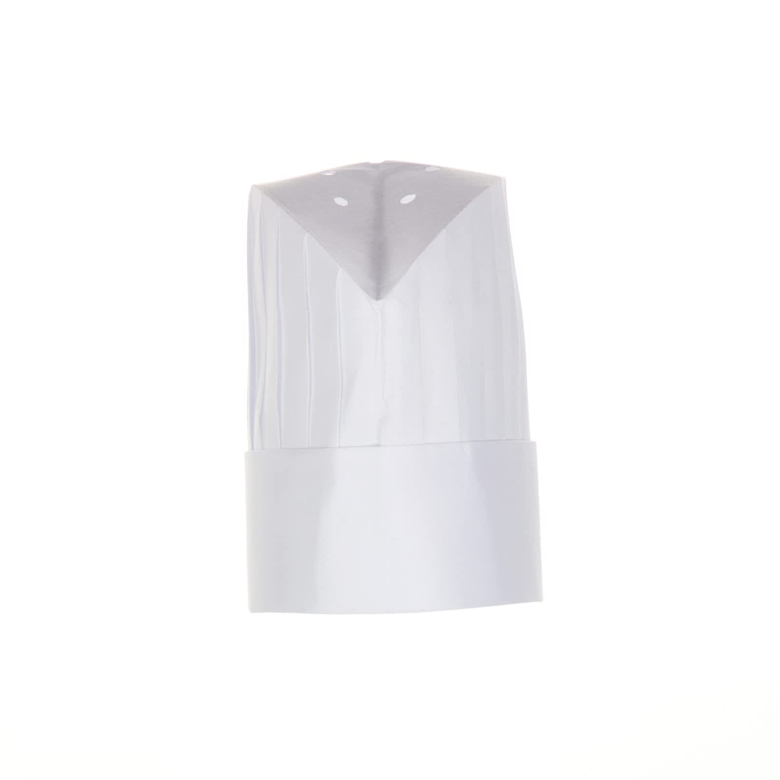 A white chef hat with a tall, pleated design and a rounded base. It features ventilation holes on top.